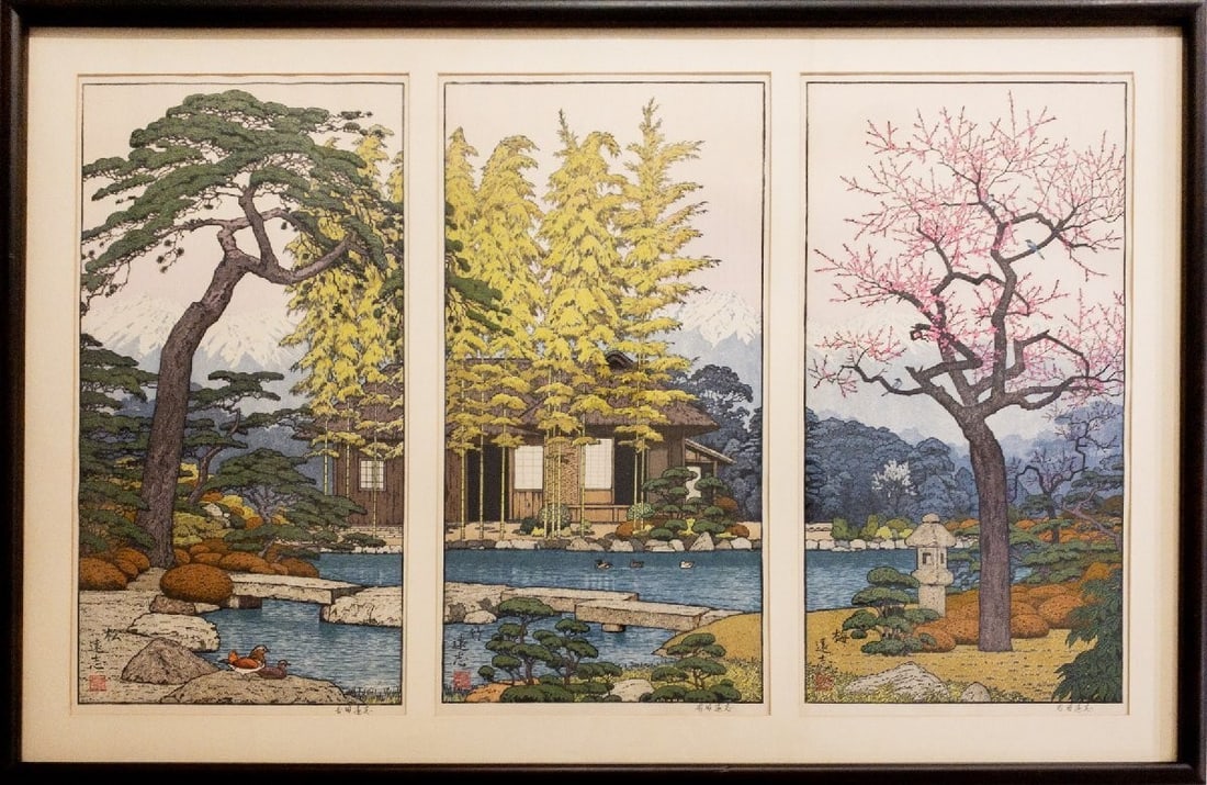 Toshi Yoshida Early Spring Three Friends Woodblock Signed stamped Framed (1 of 10)