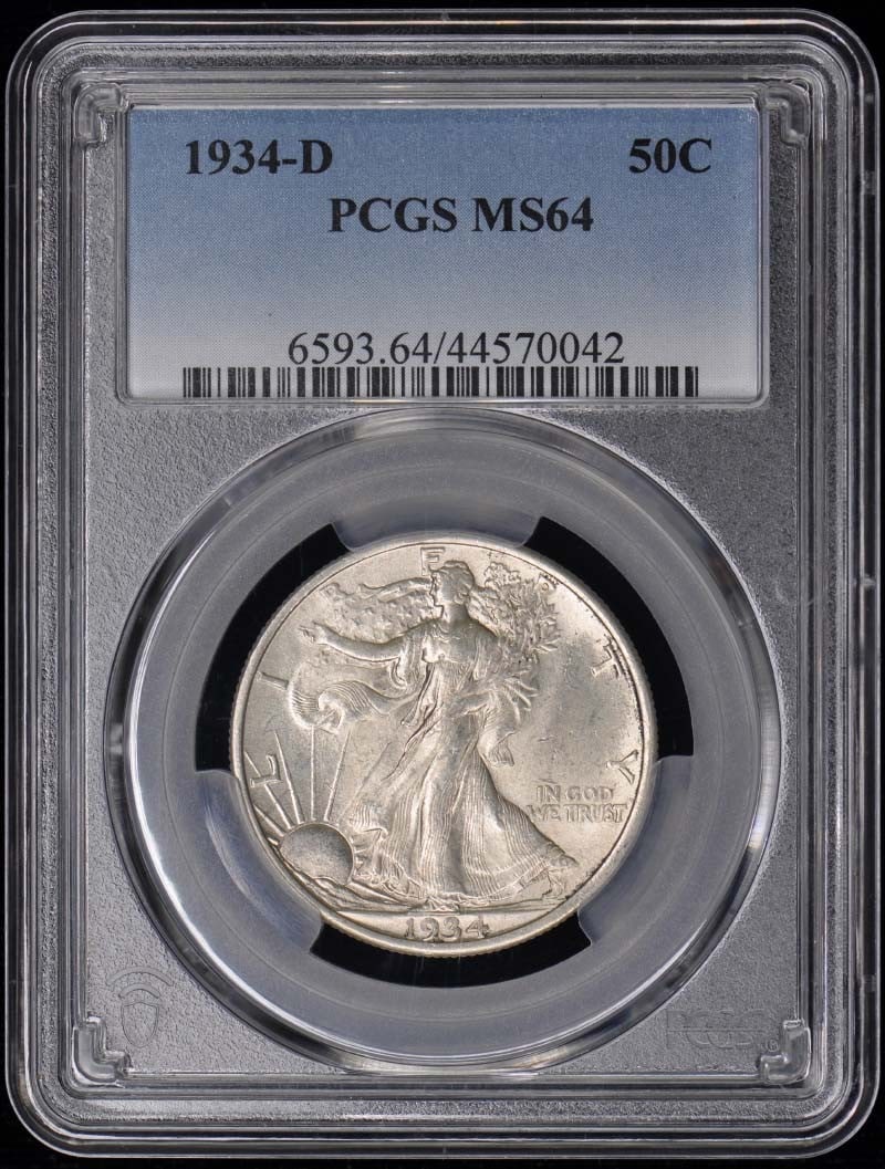 1934-D 50C Walking Liberty Half Dollar PCGS MS64: 1934-D 50C Walking Liberty Half Dollar PCGS MS64 The 1934-D Walking Liberty Half Dollar, graded MS64 by PCGS, boasts its original mint state condition. This highly detailed coin features the iconic