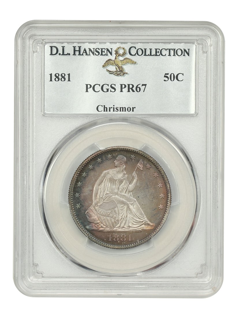 1881 50C PCGS PR67 ex: D.L. Hansen/ Chrismor: 1881 50C PCGS PR67 ex: D.L. Hansen/ Chrismor The 1881 50C PCGS PR67 ex: D.L. Hansen/ Chrismor is an uncirculated coin with a high grade of 67, certified by the Professional Coin Grading Service (PCGS)