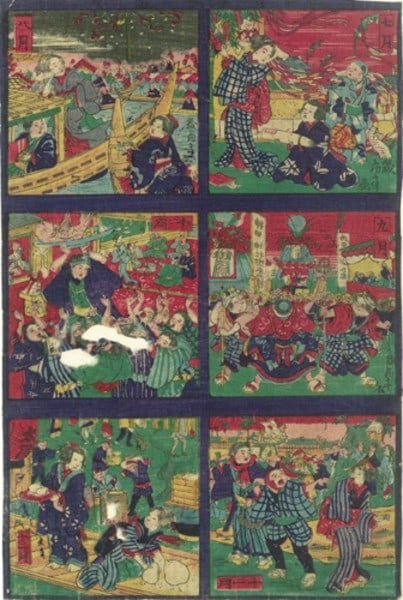 Japanese Woodblock Print Children s Seasonal Events July to Dec Oban Nishiki e: Japanese Woodblock Print Children s Seasonal Events July to Dec Oban Nishiki e Item Specifics: Subject: Children"s Seasonal Festivals Material: Paper Style: Japanese Size: 35.4 x 23.5 cm Product Discl