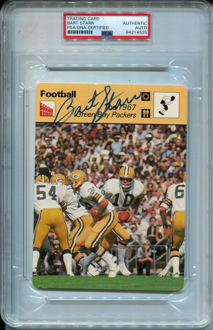 Bart Starr Autographed 1977 Sportscaster Card (PSA): Bart Starr Autographed 1977 Sportscaster Card (PSA) Bart Starr's sharpie signature across the front of this 1977 Sportscaster Card is unmistakable, bearing witness to his presence on the card.