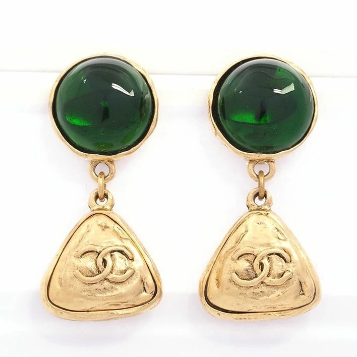 Vintage CHANEL 2 3 Coco Mark CC Green Gripoix Dangle Earring 2.17 inches (1 of 6)