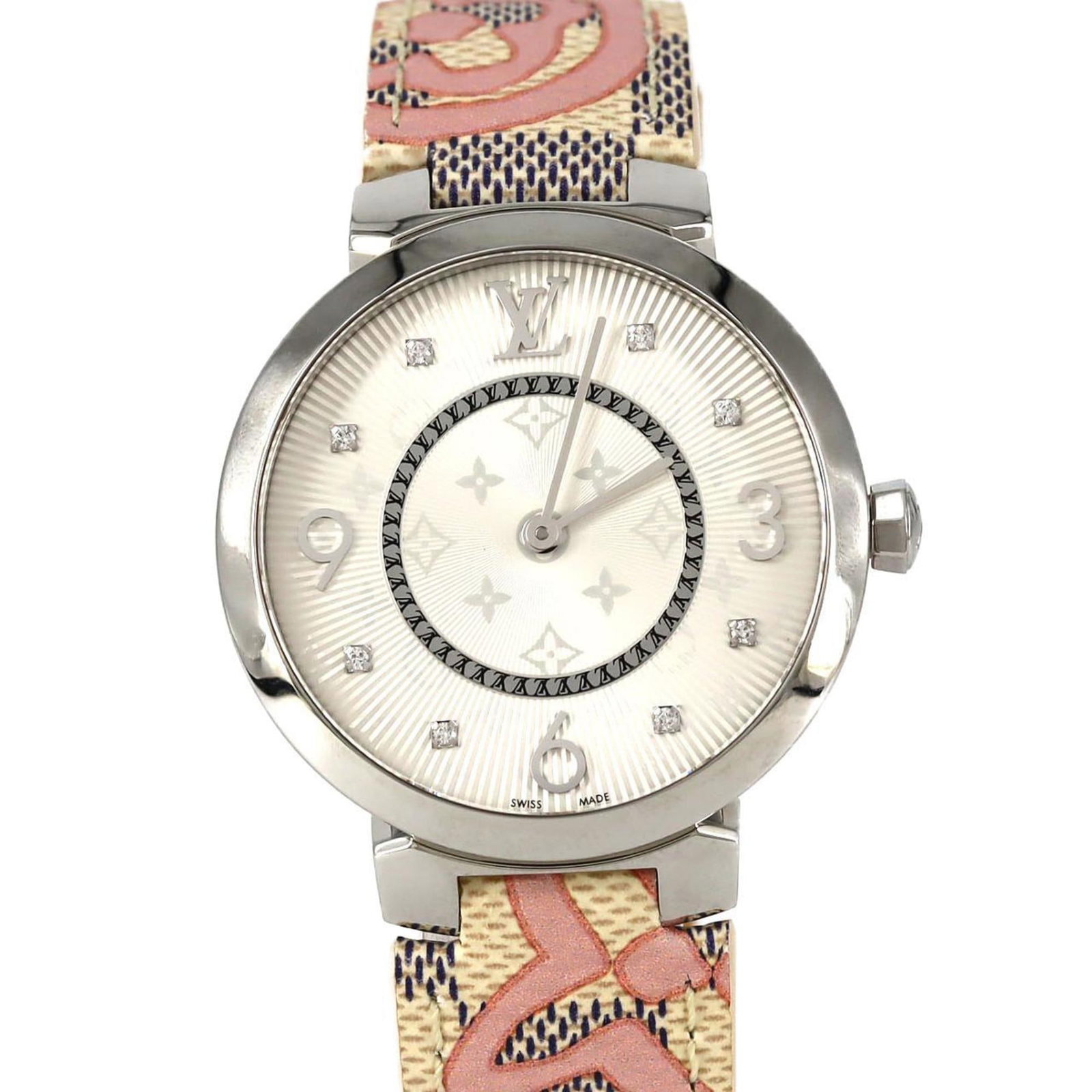 Louis Vuitton Wristwatch: Louis Vuitton Wristwatch Stainless steel case with silver dial, featuring a diamond gemstone, and an analog display. This Louis Vuitton wristwatch boasts a classic design with a diameter of 33mm. Used