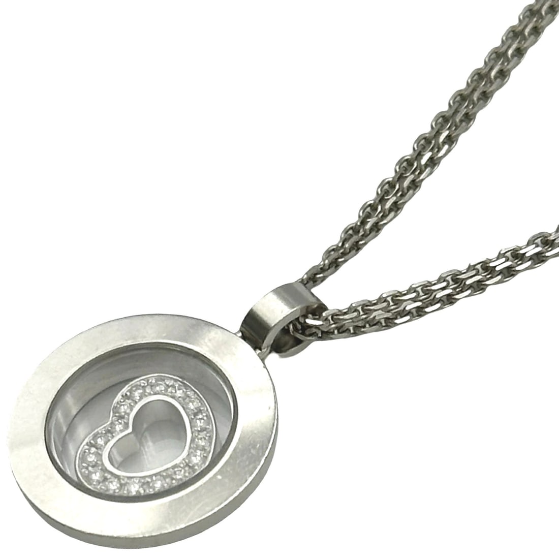 Chopard Happy Spirit Heart Diamond 18k White Gold Double Chain Necklace Pendant: Chopard Happy Spirit Heart Diamond 18k White Gold Double Chain Necklace Pendant Item Specifics: Pendant Shape: Round Closure: Lobster Occasion: Anniversary Birthday Christening Christmas Confirmation/