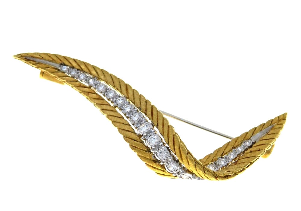 Gianmaria Buccellati WAKO 18k Yellow White Gold Diamond Feather Brooch with Case (1 of 9)