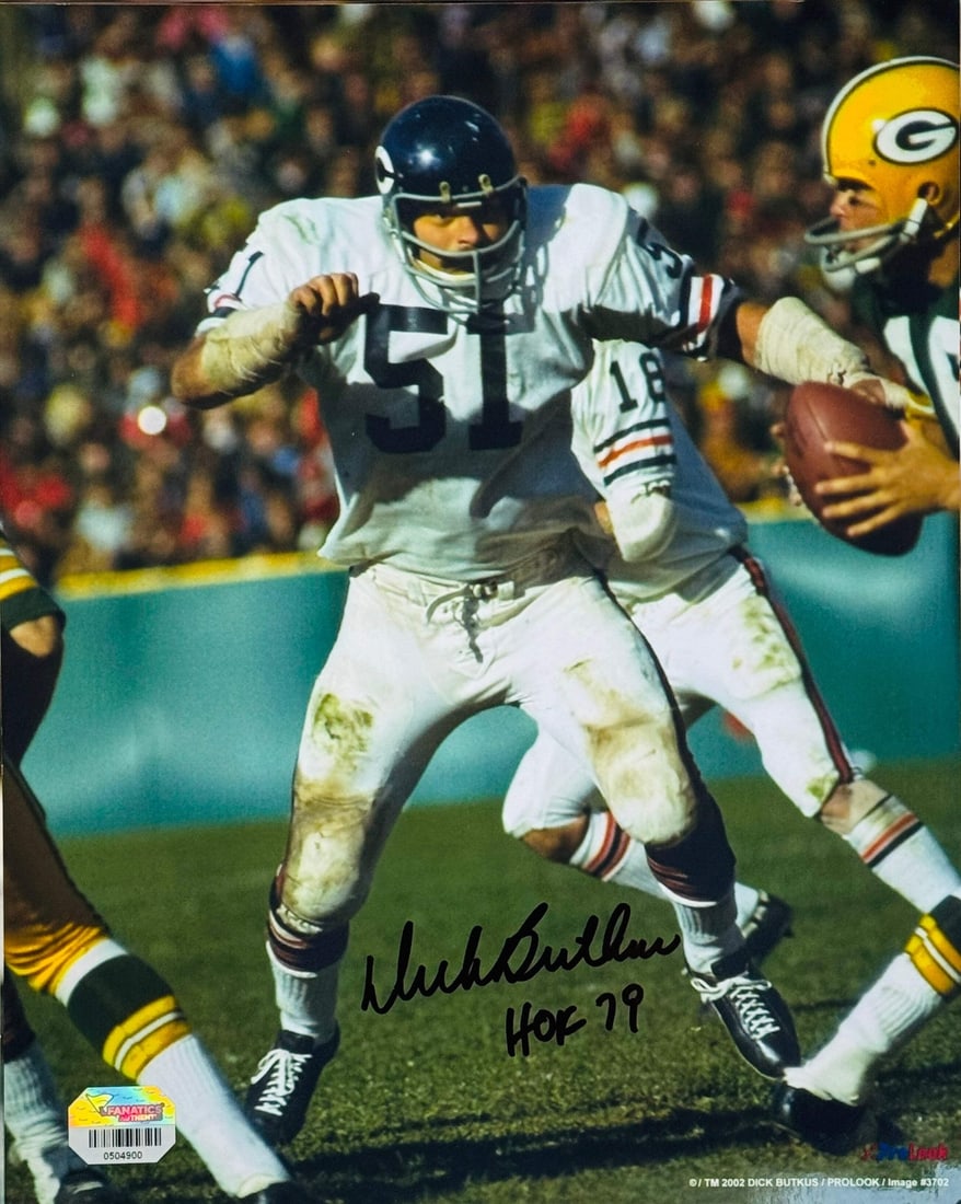 Dick Butkus Autographed 8x10 Football Photo (Fanatics): Dick Butkus Autographed 8x10 Football Photo (Fanatics) Signed in black sharpie across the front of the photo with inscription "HOF 79" by Dick Butkus, a legendary linebacker and member of the Pro