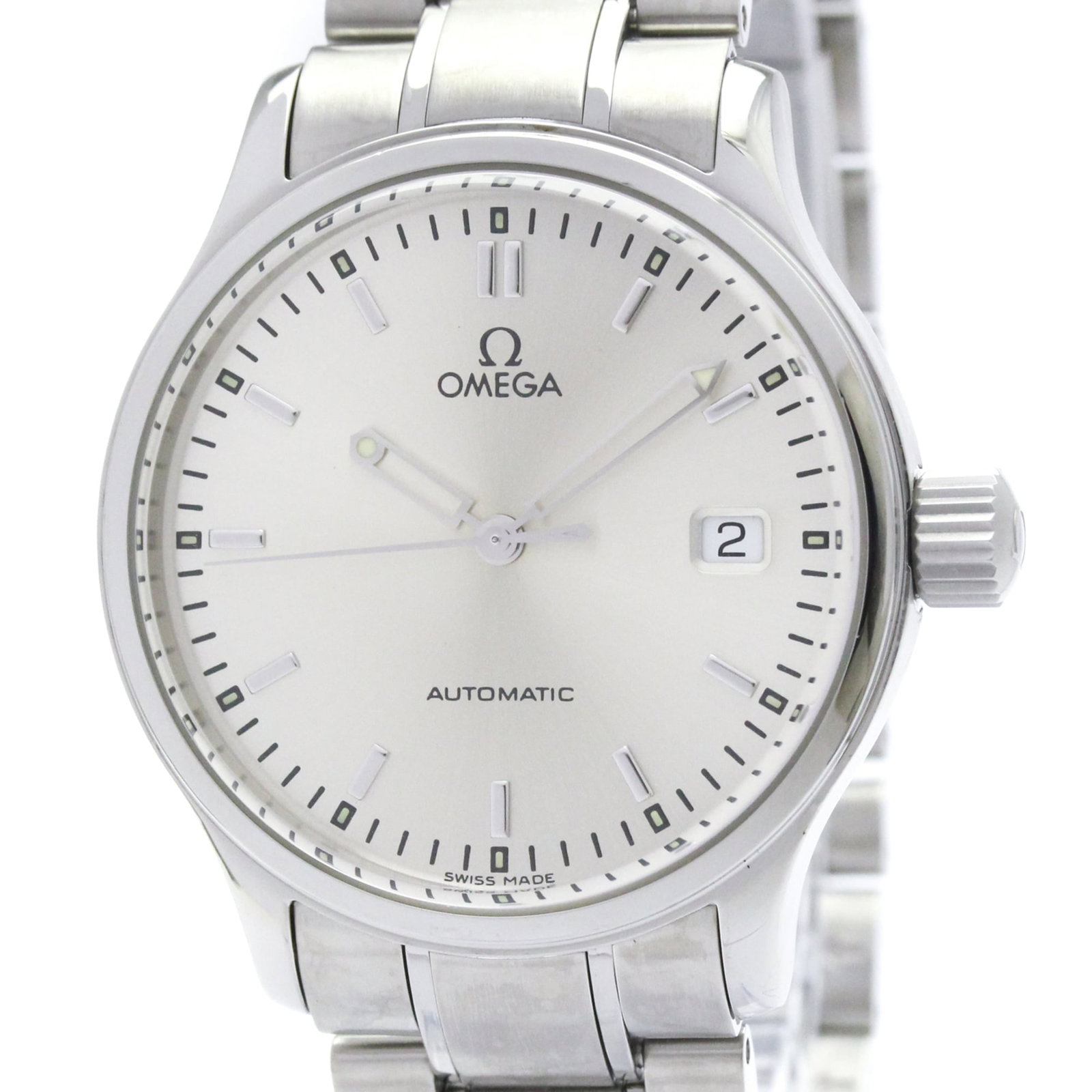 Omega Wristwatch: Omega Wristwatch Stainless steel case and band provide a sleek, modern look. The silver dial adds a touch of sophistication to this Omega wristwatch, a stylish accessory for formal occasions. With