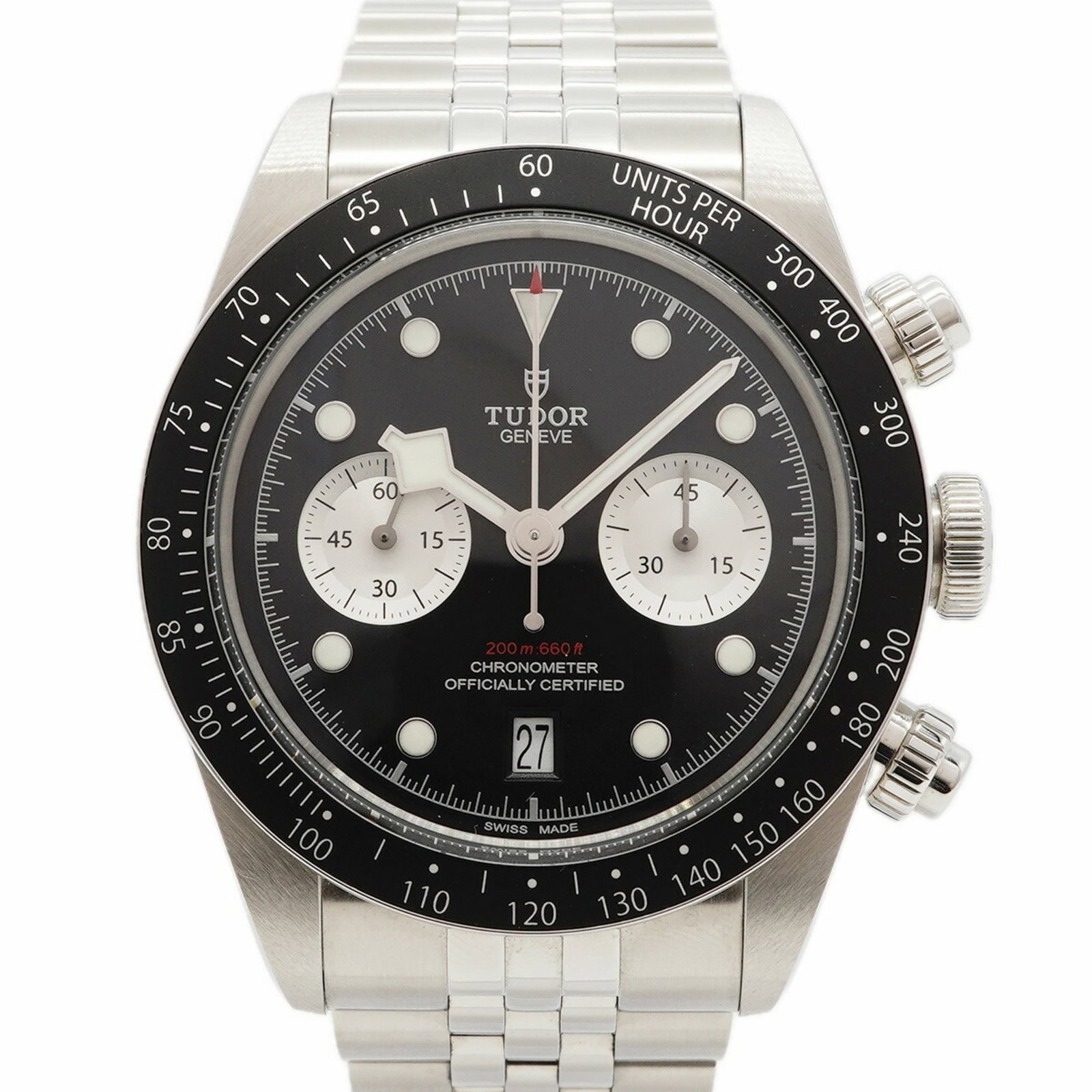 Tudor Wristwatch: Tudor Wristwatch Stainless steel band adds durability to this black dial Tudor wristwatch, featuring a 41.5mm case diameter and a comfortable 16.5cm strap length. The watch has some scratches and dirt