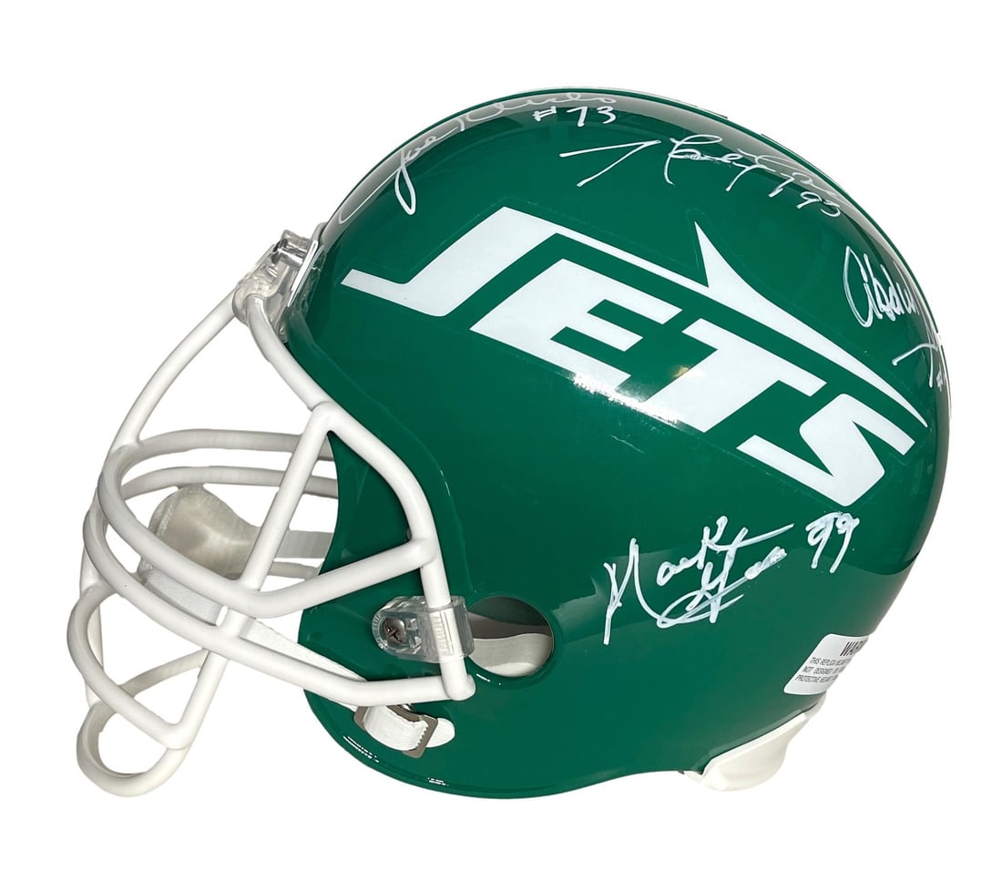 Full Size Reproduction Helmet Signed By New York Jets Sack Exchange PSA/ DNA: Full Size Reproduction Helmet Signed By New York Jets Sack Exchange PSA/ DNA Signed by the New York Jets Sack Exchange, this full-size reproduction helmet showcases an impressive piece of football