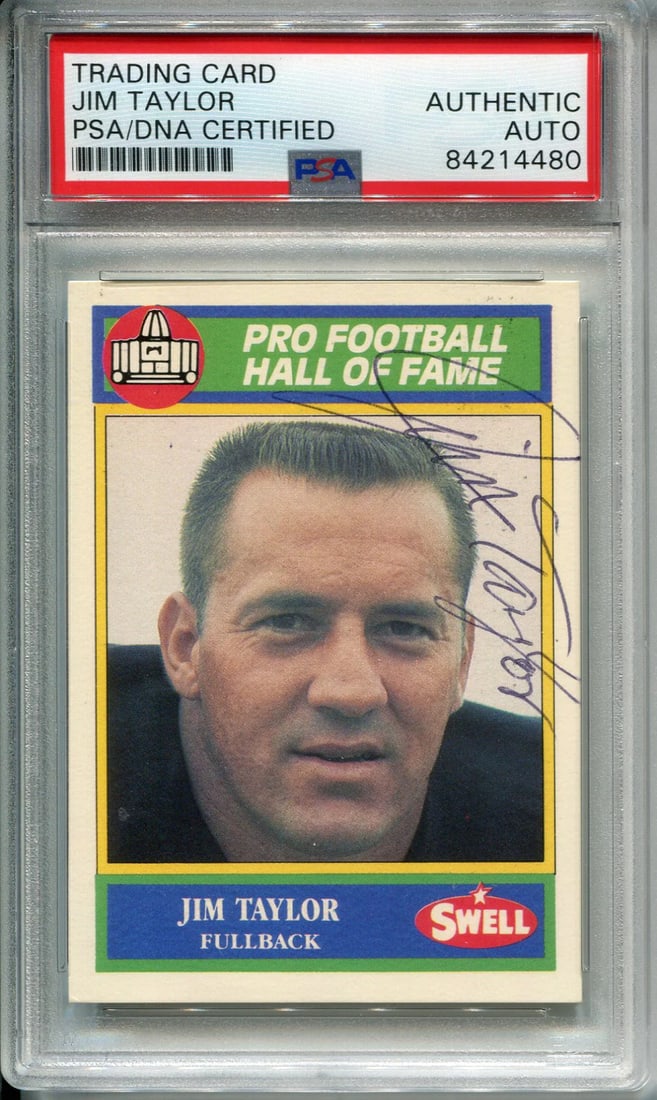 Jim Taylor Autographed 1990 Swell Card #78 (PSA): Jim Taylor Autographed 1990 Swell Card #78 (PSA) Jim Taylor's 1990 Swell Card #78 features his autograph signed in pen across the front, authenticated and slabbed by Professional Sports Authenticator