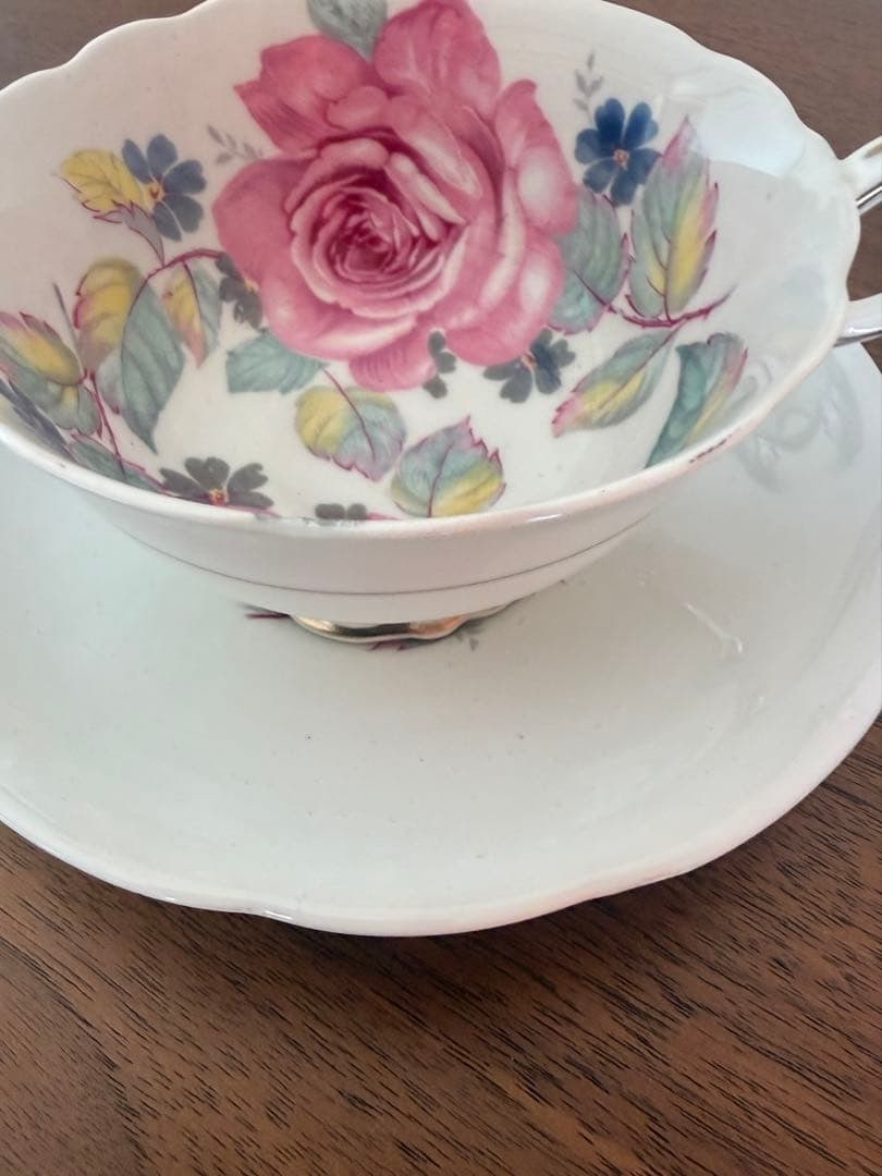 Pink Cabbage Rose Cup Saucer Gold Trim Blue Rare Vintage Collectible (1 of 9)