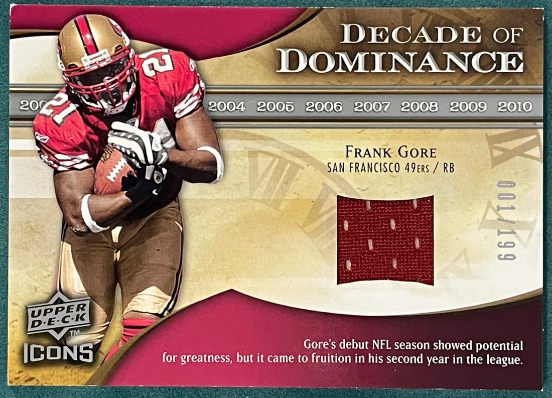 Frank Gore 2009 Jersey Card Upper Deck Icons: Frank Gore 2009 Jersey Card Upper Deck Icons Upper Deck Icons Frank Gore 2009 Jersey Card - A rare and highly sought-after collectible, this Upper Deck Icons jersey card features a unique piece of