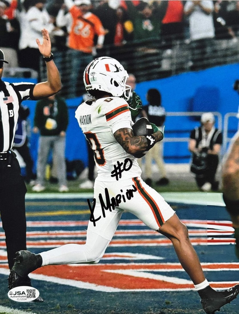 Keelan Marion Autographed Miami Hurricanes 8x10 Photo (JSA): Keelan Marion Autographed Miami Hurricanes 8x10 Photo (JSA) Keelan Marion's sharpie signature adds a touch of personality to this official Miami Hurricanes 8x10 photo, making it a unique piece for fan