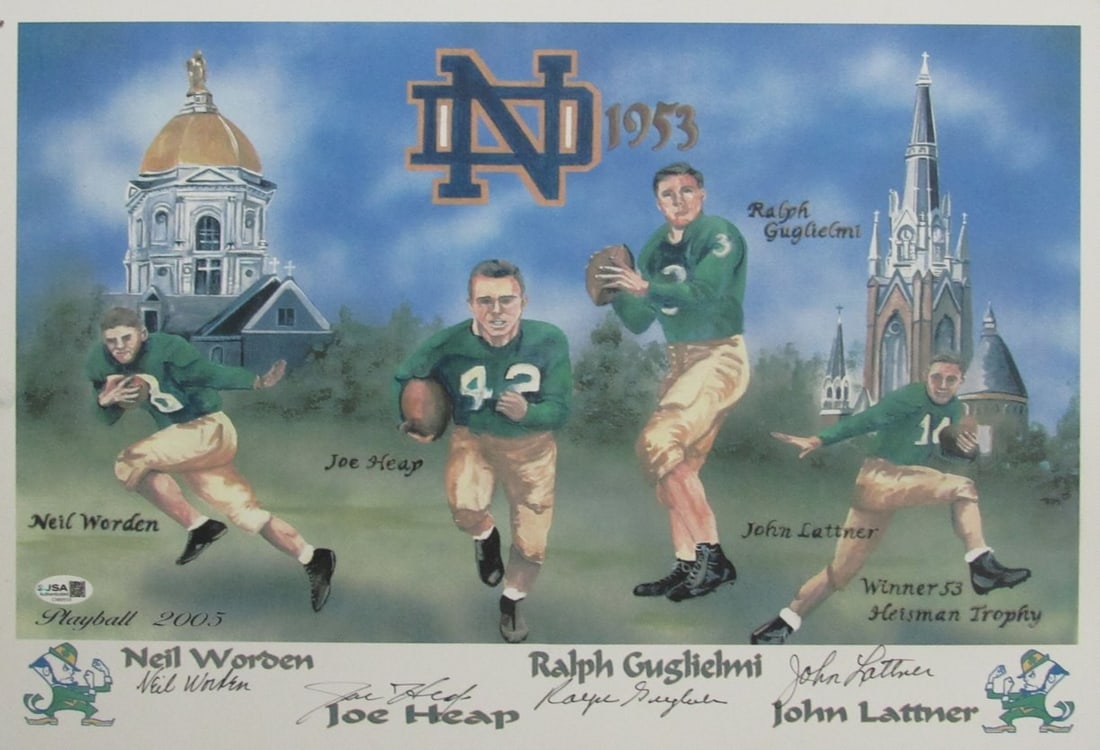 Lithograph Notre Dame JSA Guglielmi Lattner Heap Worden Multi Signed 13x19: Lithograph Notre Dame JSA Guglielmi Lattner Heap Worden Multi Signed 13x19 Lithograph poster and print featuring the Notre Dame Fighting Irish football team, signed by 13 notable alumni including