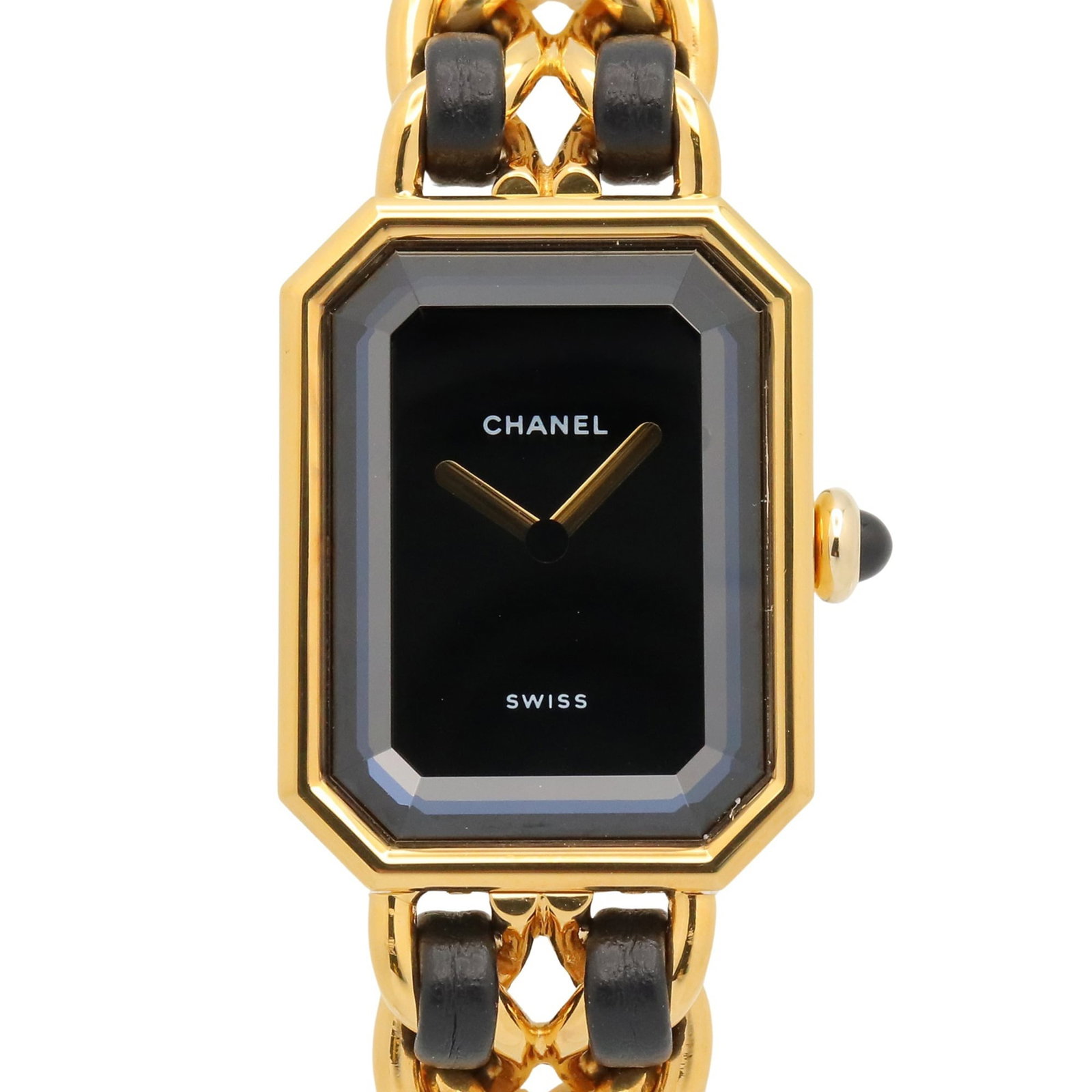 Chanel Wristwatch: Chanel Wristwatch The Chanel wristwatch boasts a sleek gold-plated case and band, complemented by a black leather strap. Its 20mm diameter case fits comfortably on wrists up to 14.5cm in