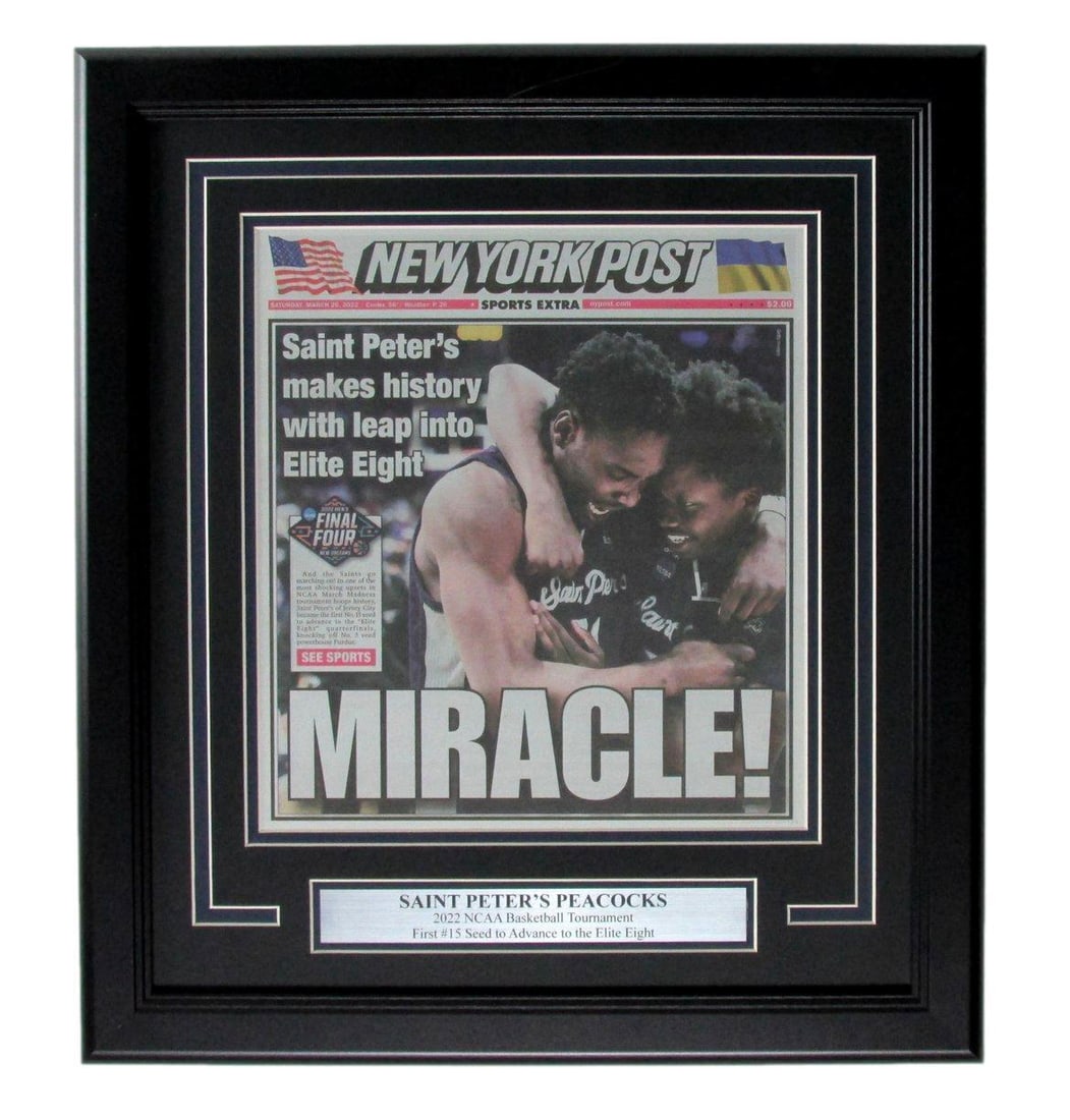 Saint Peter's Peacocks Framed 2022 NCAA Basketball New York Post Newspaper: Saint Peter's Peacocks Framed 2022 NCAA Basketball New York Post Newspaper Original photo of Saint Peter's Peacocks, framed in a 2022 NCAA Basketball New York Post newspaper. The team's image bears an
