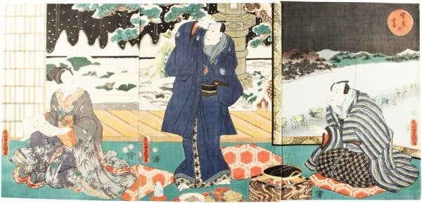 Japanese Woodblock Print Toyokuni Snow Viewing Banquet Triptych Nishiki e (1 of 1)