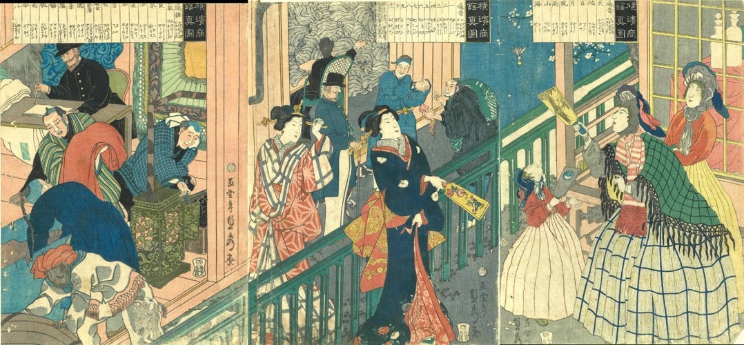 Utagawa Sadahide Woodblock Print Yokohama Triptych 1861 e Ukiyo Merchant House: Utagawa Sadahide Woodblock Print Yokohama Triptych 1861 e Ukiyo Merchant House Item Specifics: Artist: Sadahide Utagawa Subject: Yokohama-e International Trade Japanese Architecture Material: Washi Pa