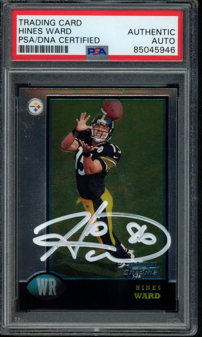 Hines Ward Steelers Autographed 1998 Bowman Rookie Card #27 PSA/ DNA: Hines Ward Steelers Autographed 1998 Bowman Rookie Card #27 PSA/ DNA Signed by Hines Ward, the Steelers' 1998 Bowman Rookie Card #27 features a rare and iconic moment in NFL history. This autographed