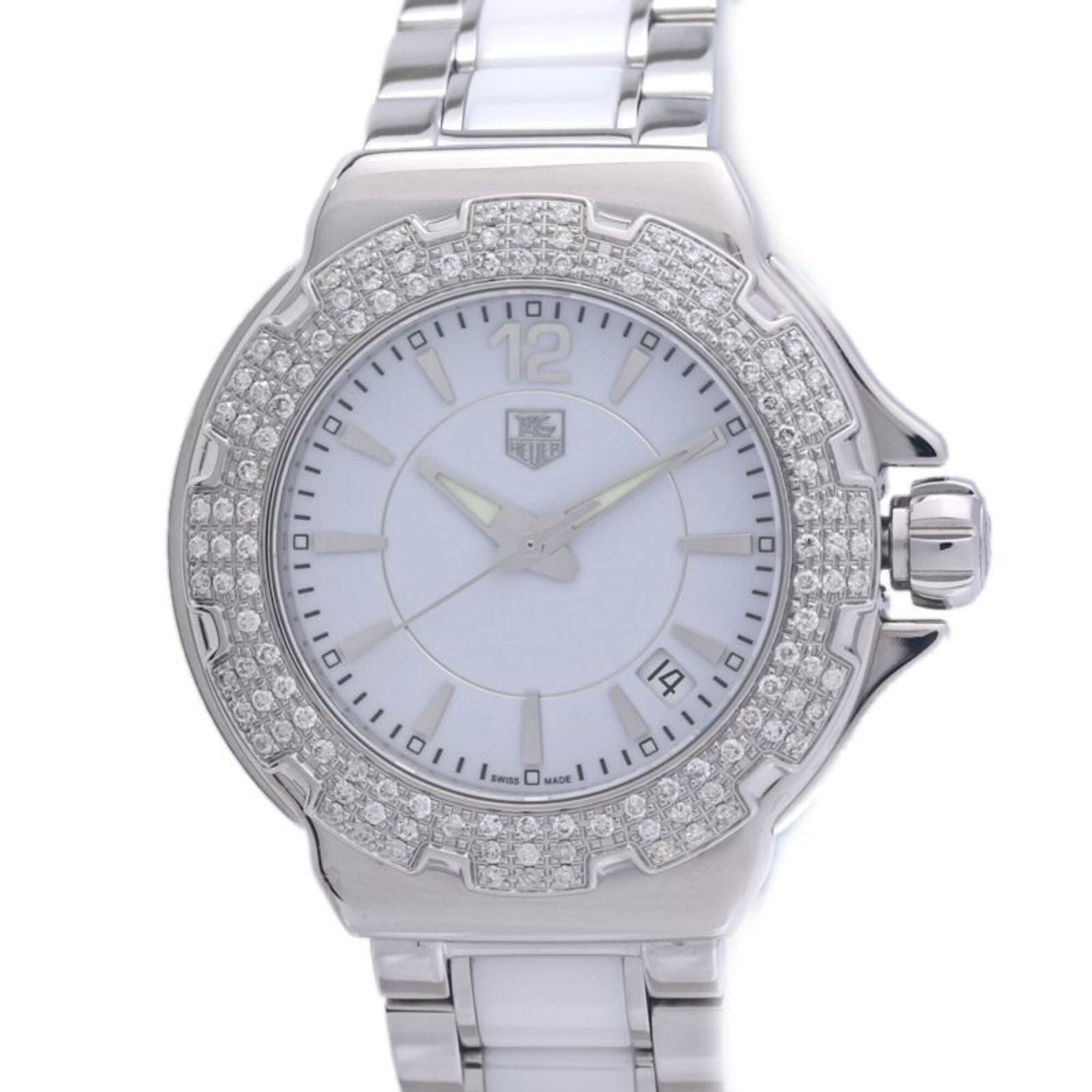 Tag Heuer Wristwatch: Tag Heuer Wristwatch Ceramic and stainless steel construction gives this Tag Heuer wristwatch its sleek, modern look. The white dial stands out against the durable case, which measures 35mm in