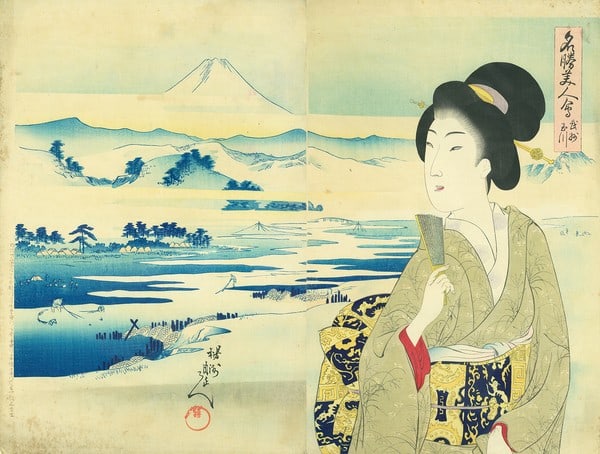 Toyohara Chikanobu Woodblock Print Beauty Tamagawa River 1898 Meiji Diptych: Toyohara Chikanobu Woodblock Print Beauty Tamagawa River 1898 Meiji Diptych Item Specifics: Artist: Toyohara Chikanobu Subject: Beauty at Tamagawa River Material: Washi Paper Style: Japanese Year Of P