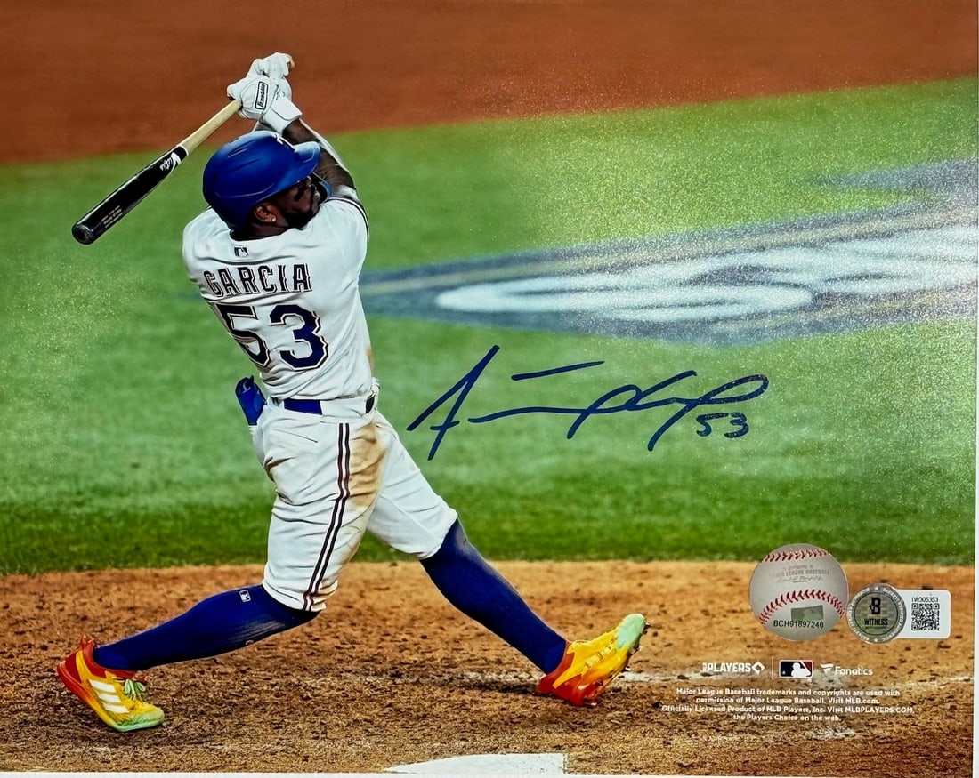 Adolis Garcia Rangers Signed 2023 World Series Champions 8x10 Hitting Photo (Bec (1 of 1)