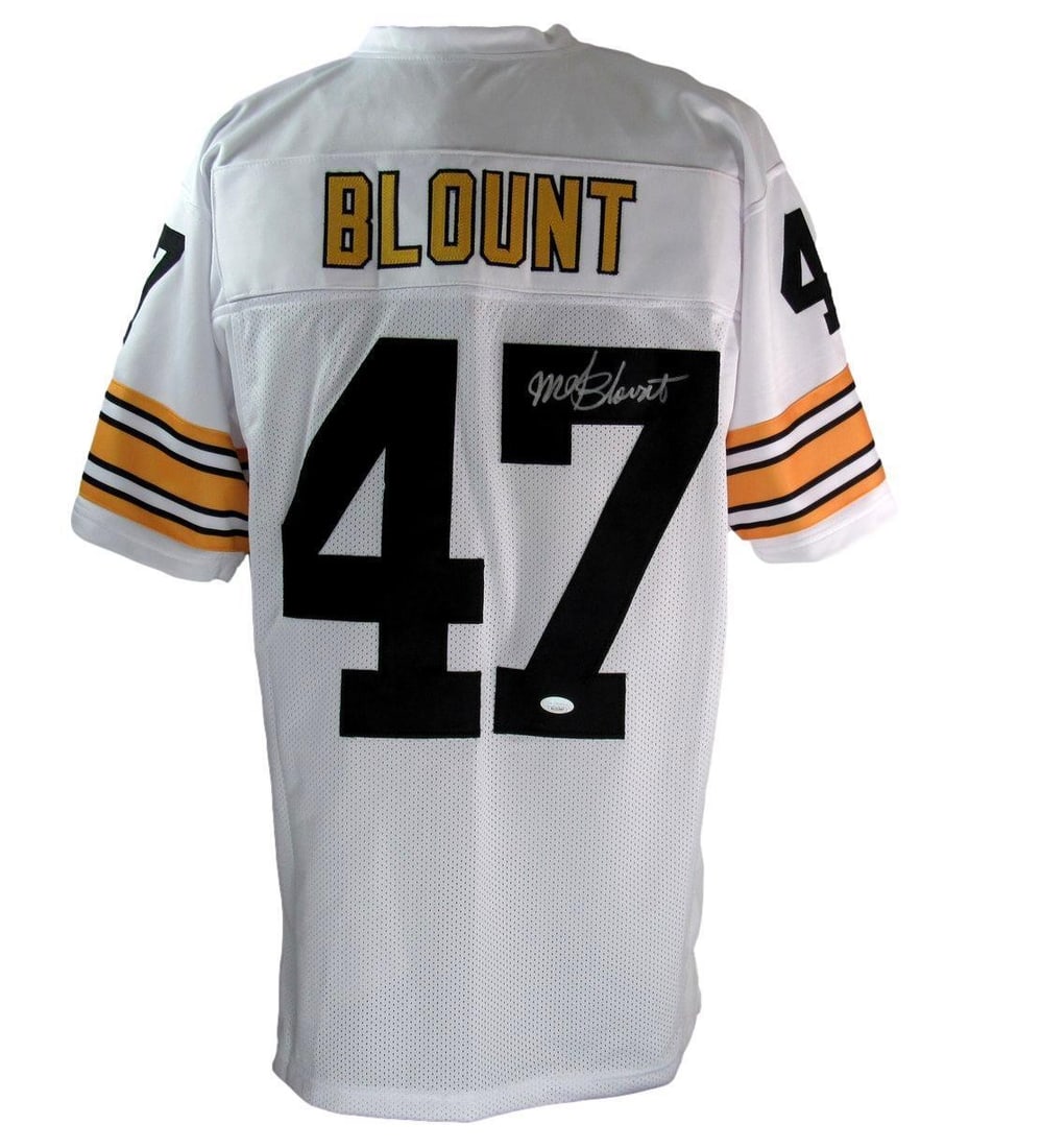 White Custom Jersey Autographed Mel Blount HOF Pittsburgh Steelers Football: White Custom Jersey Autographed Mel Blount HOF Pittsburgh Steelers Football Authentic Mel Blount autograph on a custom white Pittsburgh Steelers jersey, verified by JSA. This unique piece features