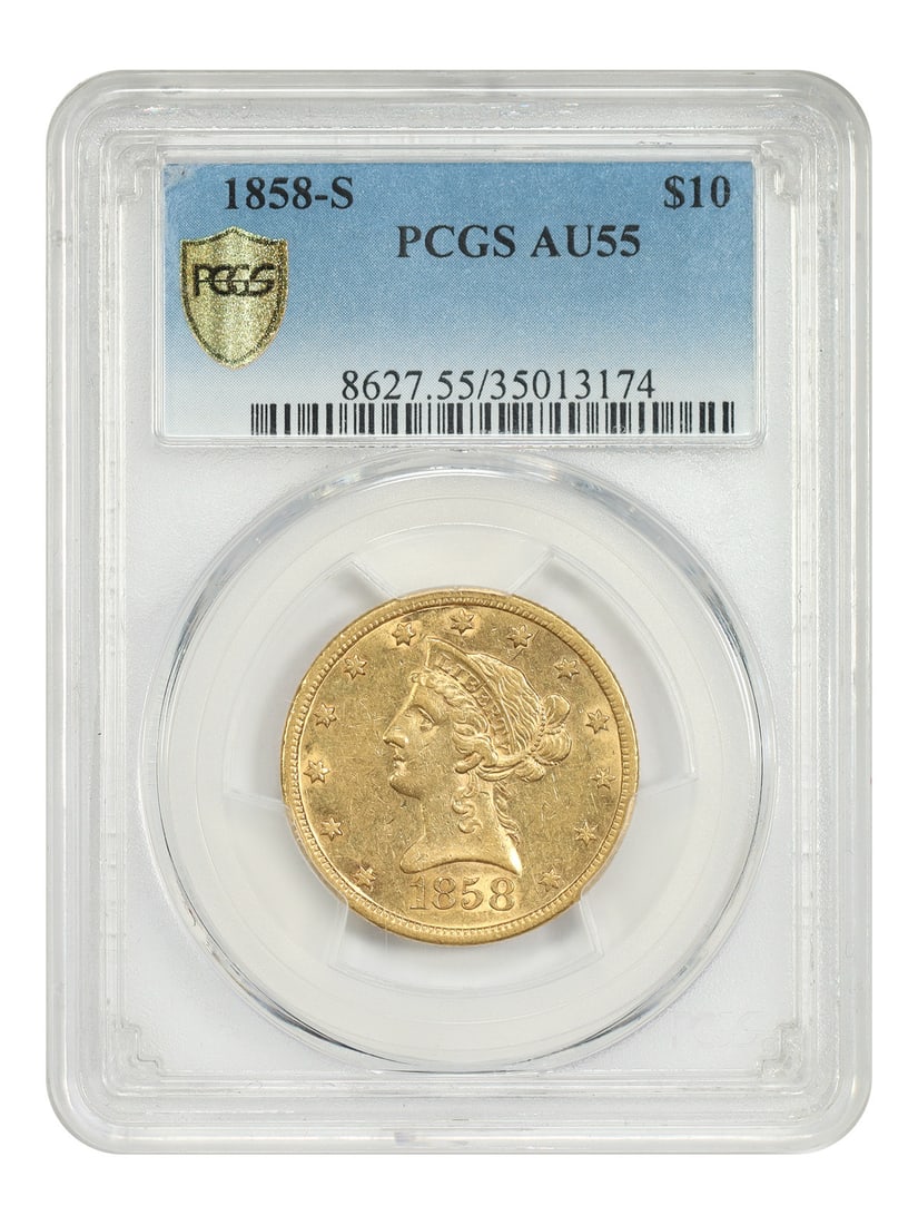 1858-S $10 PCGS AU55 - Liberty Head $10 - Rare S-Mint Gold Eagle: 1858-S $10 PCGS AU55 - Liberty Head $10 - Rare S-Mint Gold Eagle The 1858-S $10 PCGS AU55 is a circulated example of the Liberty Head $10 gold coin, struck in San Francisco and bearing the
