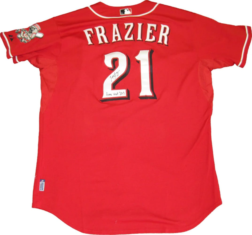 Todd Frazier 2013 Game Used Autographed Game Used 2013 Cincinnati Reds Jersey: Todd Frazier 2013 Game Used Autographed Game Used 2013 Cincinnati Reds Jersey Signed on the back in black sharpie, Todd Frazier's game-used jersey from the 2013 Cincinnati Reds features his iconic