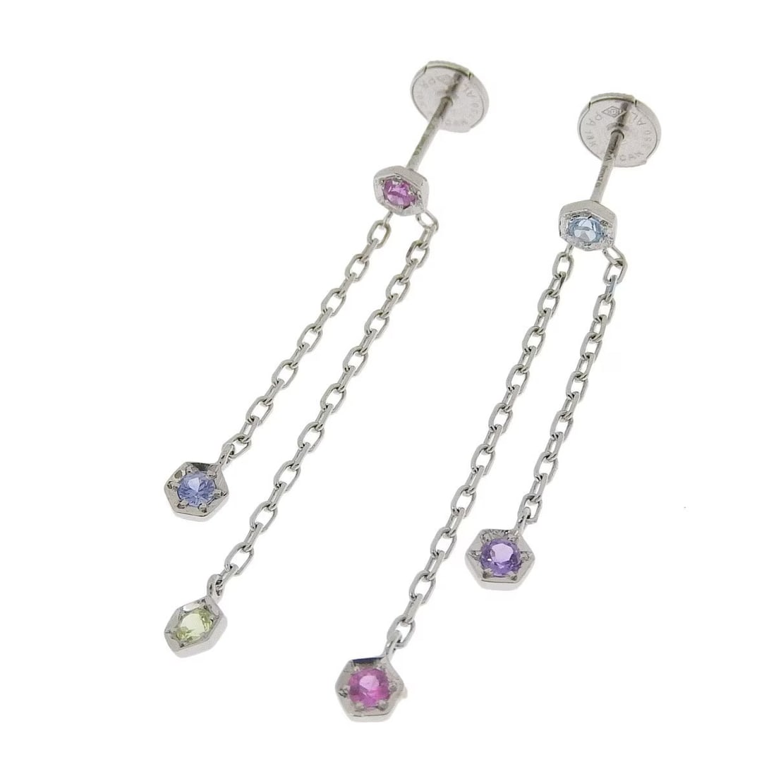 Piaget Magic Garden Multistone 18k White Gold Dangle Drop Swing Earrings: Piaget Magic Garden Multistone 18k White Gold Dangle Drop Swing Earrings Item Specifics: Antique: No Shape: Hexagon Closure: La Pousette Occasion: Anniversary Birthday Christening Christmas Confirmati