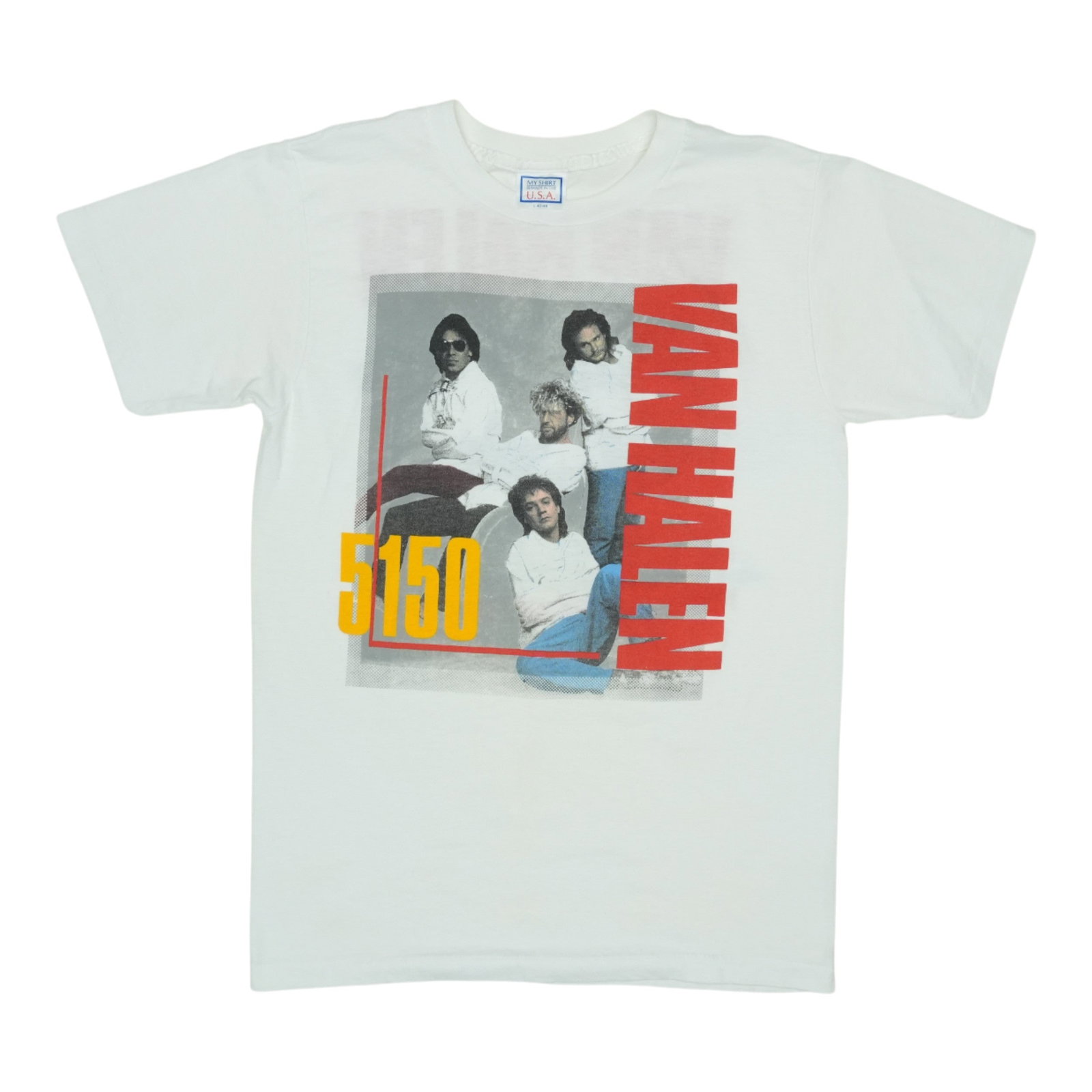 Van Halen Shirt 1986 Tour: Van Halen Shirt 1986 Tour Large, white 1986 Van Halen World Tour Shirt with front and back graphics. This vintage shirt features a classic design with a collar to hem length of 26.5 inches and pit to 