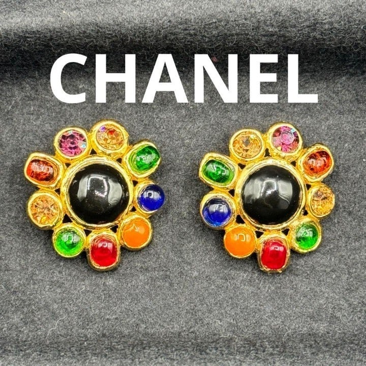 CHANEL vintage gripoix clip-on earring gold multicolored box with tone (1 of 9)