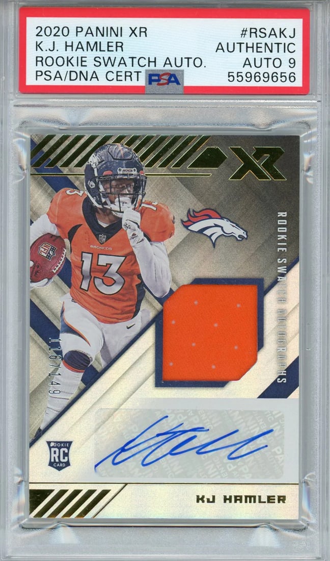 Hamler KJ Autographed Card Rookie Swatch 2020 Panini XR Jersey PSA Auto 9: Hamler KJ Autographed Card Rookie Swatch 2020 Panini XR Jersey PSA Auto 9 Factory signed in blue sharpie across the front of the card by KJ Hamler, Rookie Card Card is numbered 116 out of 149 and