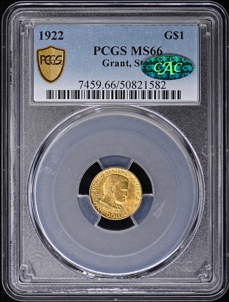 GRANT, WITH STAR 1922 G$1 Gold Commemorative PCGS MS66 (CAC): GRANT, WITH STAR 1922 G$1 Gold Commemorative PCGS MS66 (CAC) The Grant, With Star 1922 G$1 Gold Commemorative PCGS MS66 (CAC) is a rare and highly detailed gold commemorative coin. Featuring the