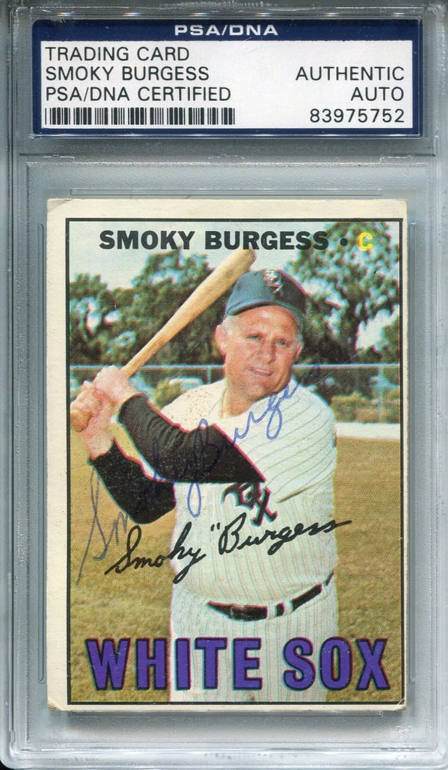Burgess Smoky Autographed 1967 PSA Topps Card: Burgess Smoky Autographed 1967 PSA Topps Card Smoky Burgess' 1967 Topps Card features his autograph in blue pen across the front, adding a touch of nostalgia to this vintage baseball memorabilia.
