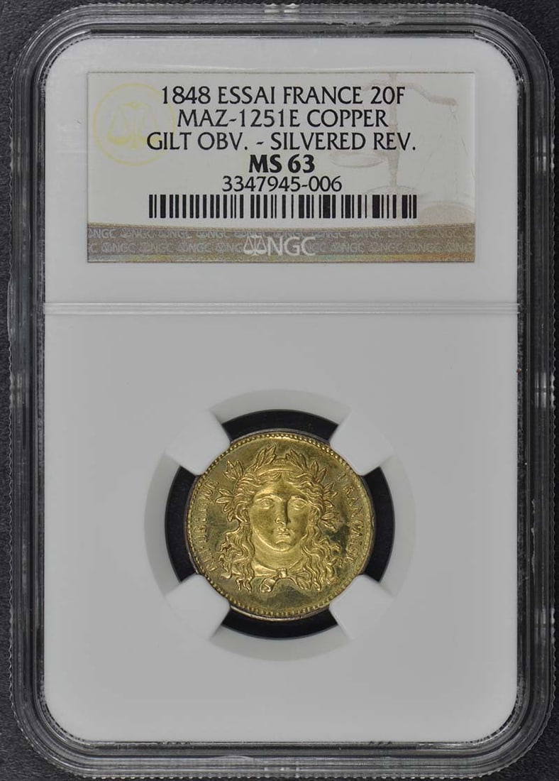 1848 France Essai 20F Maz-1251E NGC MS63 Gilt Obv. Silvered Rev: 1848 France Essai 20F Maz-1251E NGC MS63 Gilt Obv. Silvered Rev The 1848 France Essai 20F Maz-1251E NGC MS63 Gilt Obv. Silvered Rev features a striking silvered reverse design, showcasing the