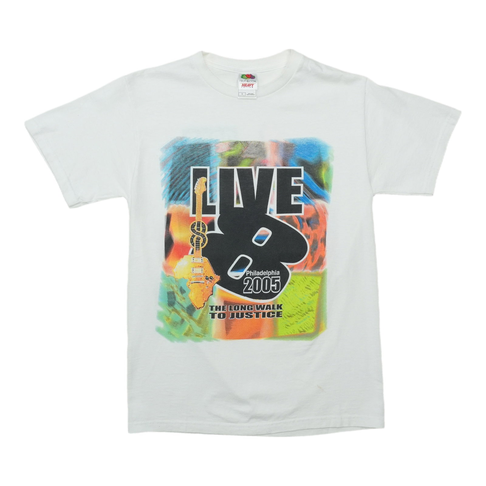2005 Live 8 Philadelphia Tour Shirt: 2005 Live 8 Philadelphia Tour Shirt Small, white, and perfectly worn-in, this vintage 2005 Live 8 Philadelphia Tour Shirt is a true relic from the era. Made from 100% cotton, it boasts a classic fit w