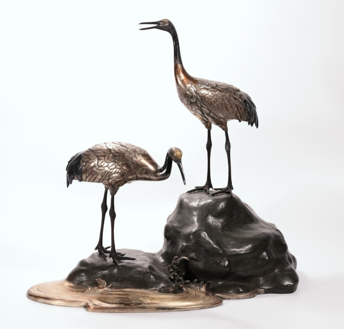 Japanese Antique Meiji Silver Crane Pair Okimono Sculpture Signed by Koyo: Japanese Antique Meiji Silver Crane Pair Okimono Sculpture Signed by Koyo Item Specifics: Primary Material: Silver Copper Color: Black Silver Original/Reproduction: Antique Original Region Of Origin: