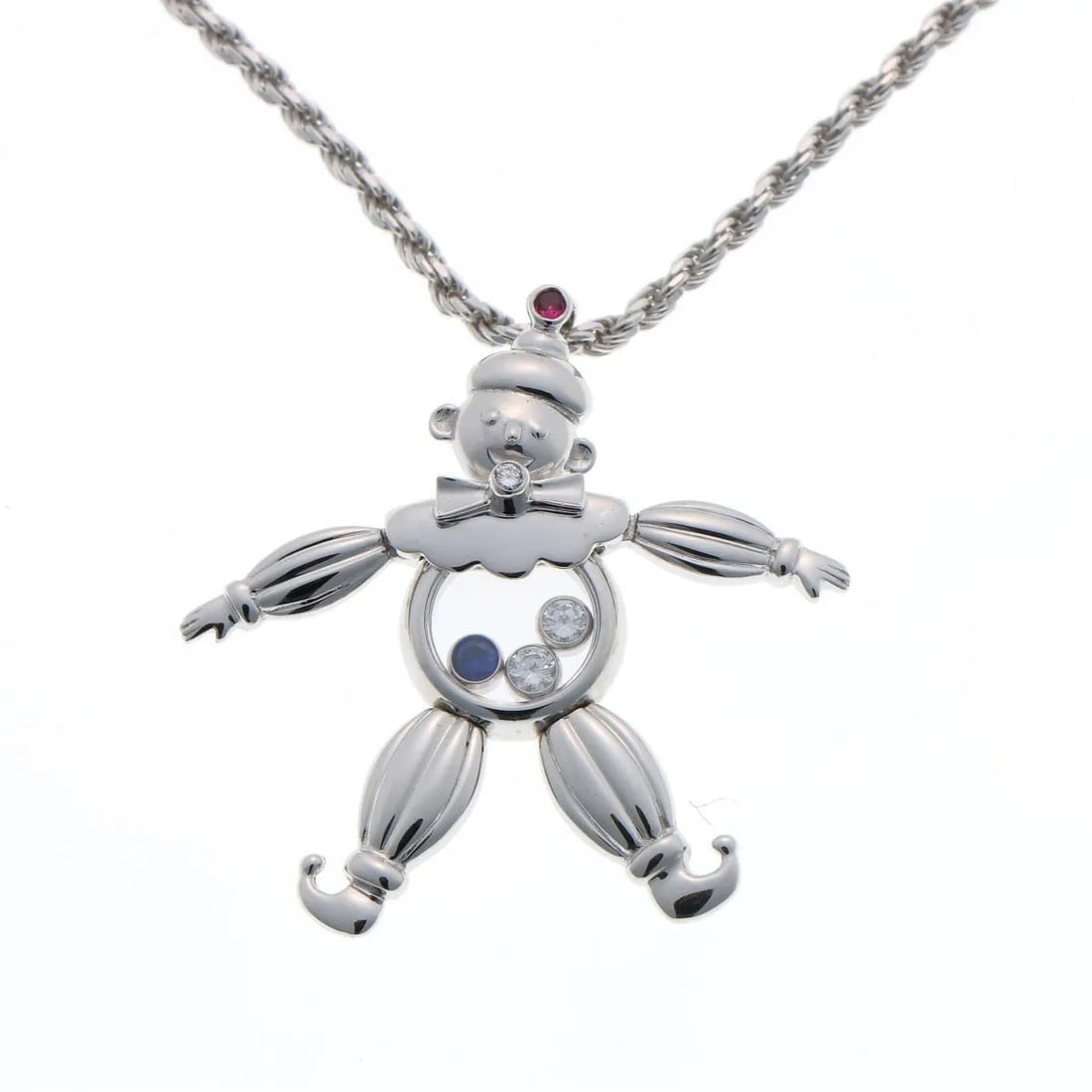 Chopard Happy Diamond Sapphire 18k White Gold Clown Moveable Necklace Pendant: Chopard Happy Diamond Sapphire 18k White Gold Clown Moveable Necklace Pendant Item Specifics: Pendant Shape: Clown Number Of Diamonds: 3 Closure: Lobster Occasion: Anniversary Birthday Christening Chr