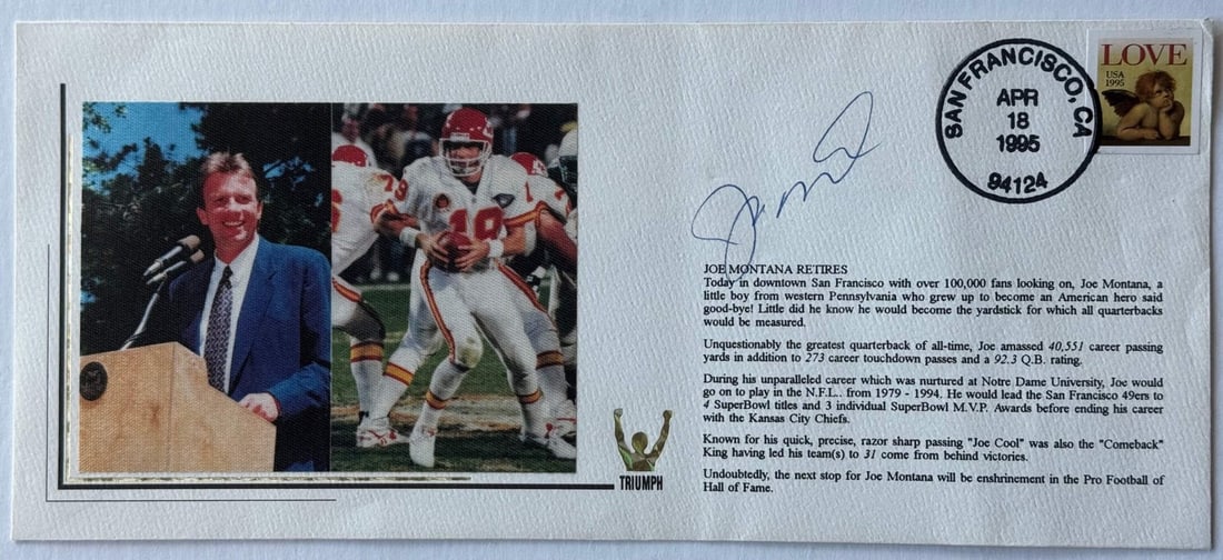 Gateway First Day Cover Autographed By Joe Montana April 18 1995: Gateway First Day Cover Autographed By Joe Montana April 18 1995 Joe Montana signed Gateway First Day Cover, April 18, 1995. The cover bears his signature in blue pen across the front, a unique and