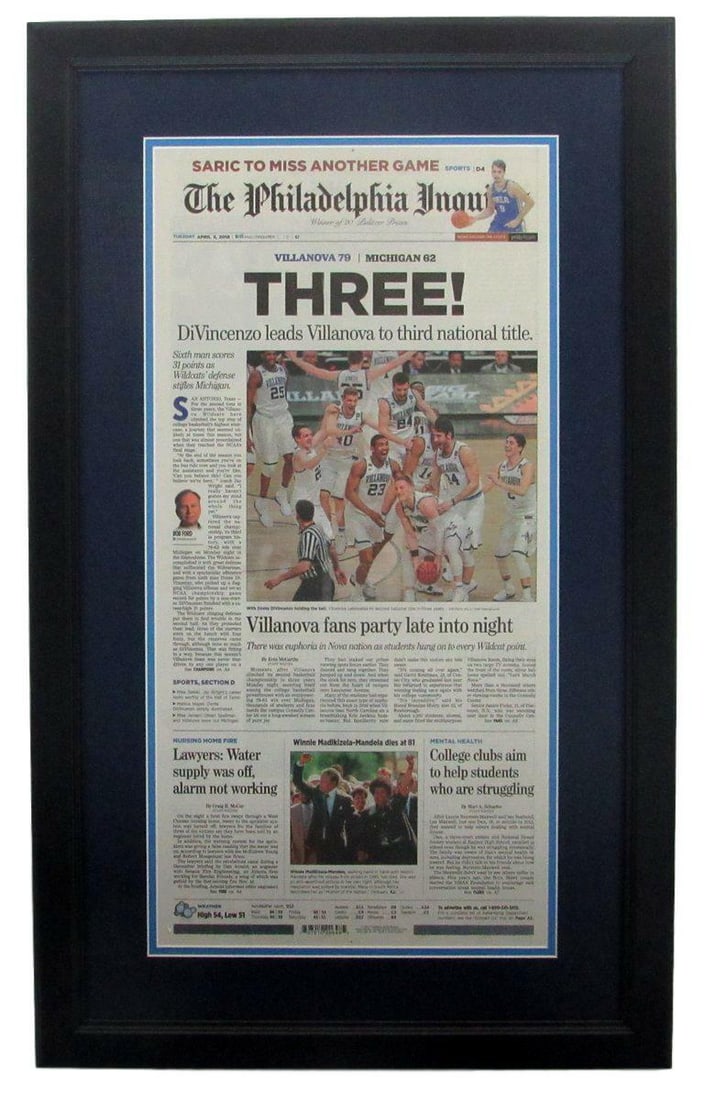 The Philadelphia Inquirer Villanova 3 Time Natl Champs Framed Newspaper 135543: The Philadelphia Inquirer Villanova 3 Time Natl Champs Framed Newspaper 135543 Framed newspaper from The Philadelphia Inquirer announcing Villanova's three-time NCAA National Champions, a historic ach