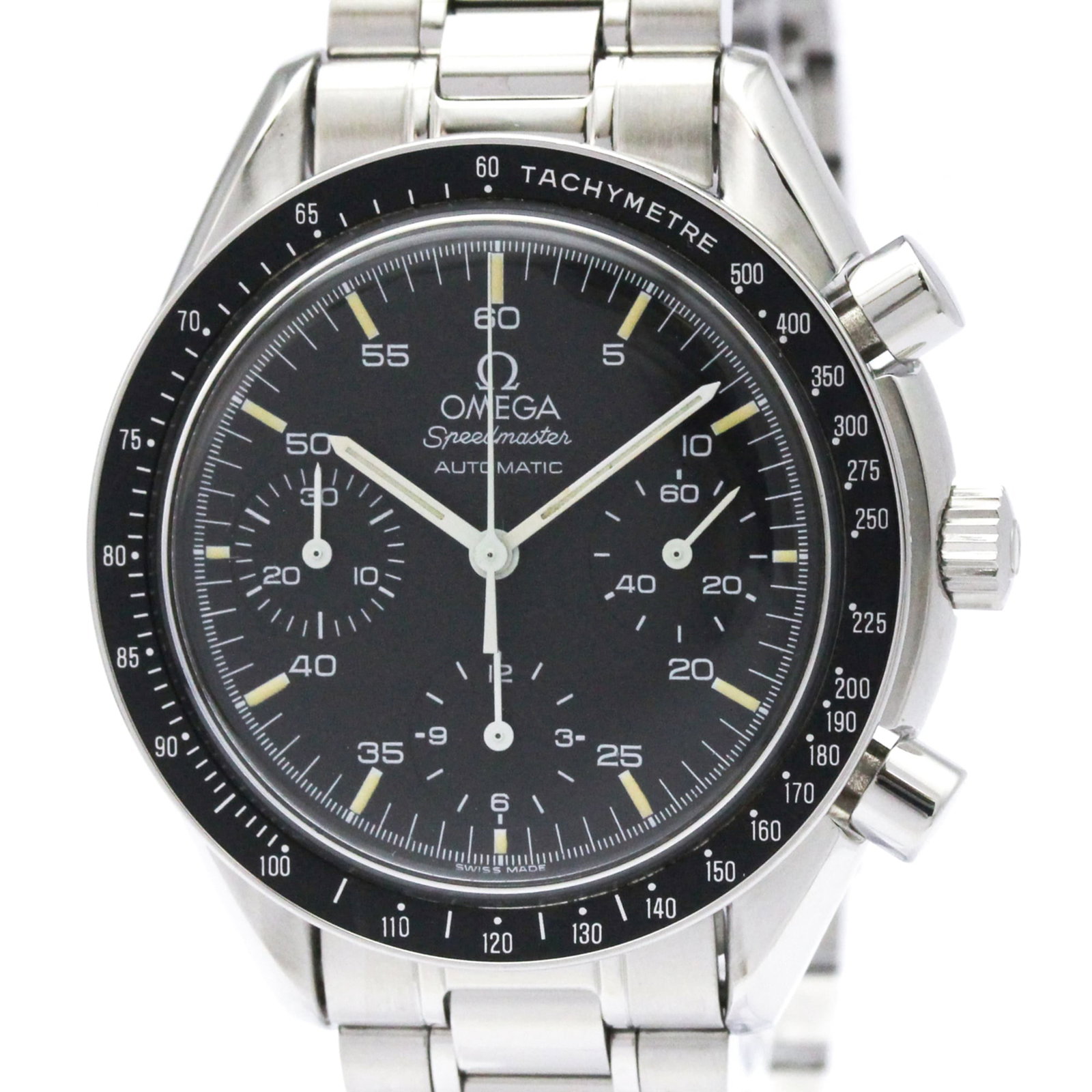 Omega Wristwatch: Omega Wristwatch Stainless steel case and band provide a durable foundation for this Omega wristwatch, featuring a black dial. With its sporty design and sleek 39mm diameter, it's a versatile timepiec