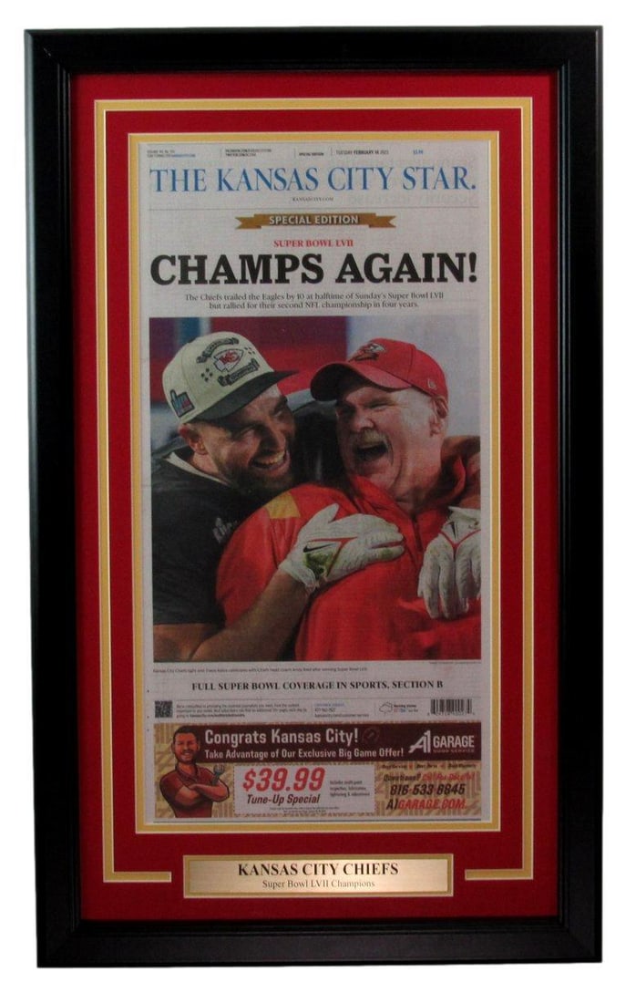 2023 Kansas City Star Newspaper Super Bowl Chiefs "Champs Again!" Framed 177479: 2023 Kansas City Star Newspaper Super Bowl Chiefs "Champs Again!" Framed 177479 The 2023 Kansas City Star newspaper features the Chiefs celebrating their Super Bowl win, with the headline "Champs Agai