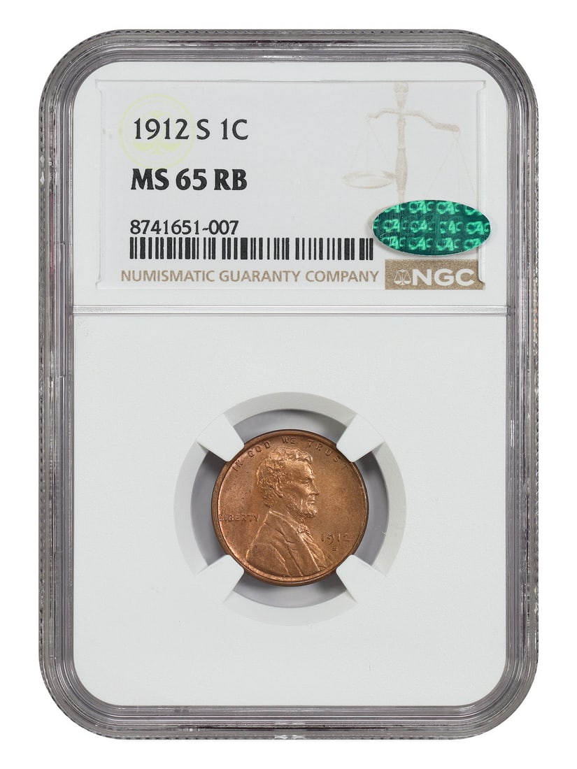 1912-S 1C NGC/ CAC MS65RB - Lincoln Cent (Wheat Reverse) - Tough S-Mint Issue: 1912-S 1C NGC/ CAC MS65RB - Lincoln Cent (Wheat Reverse) - Tough S-Mint Issue The 1912-S 1C NGC/ CAC MS65RB Lincoln Cent (Wheat Reverse) is an uncirculated coin with a high grade of 65, bearing the ra