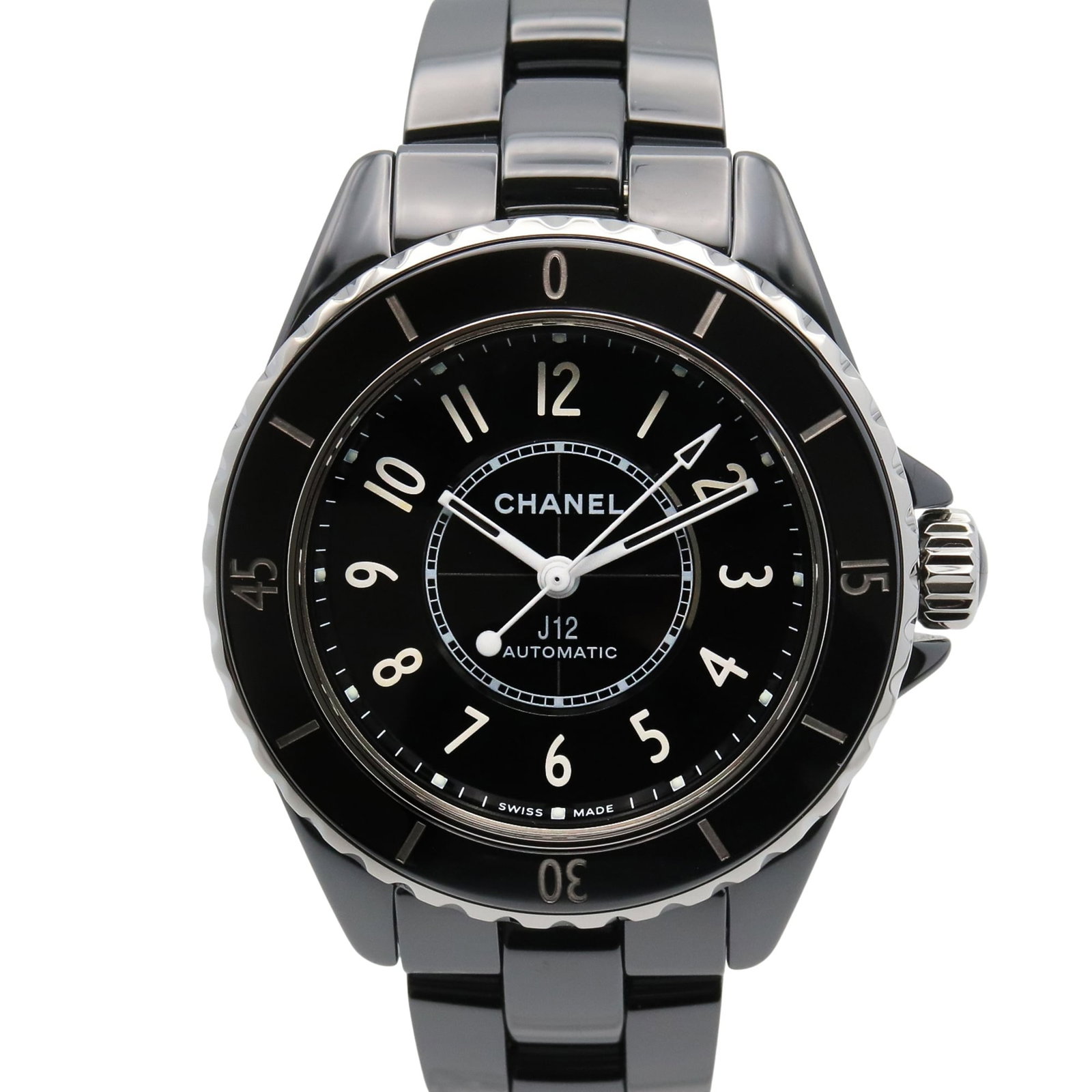 Chanel Wristwatch: Chanel Wristwatch Ceramic case and band, black dial, and 33.8mm diameter make for a sleek Chanel wristwatch. The watch has some scratches and dirt from usage, but remains in very good condition overal