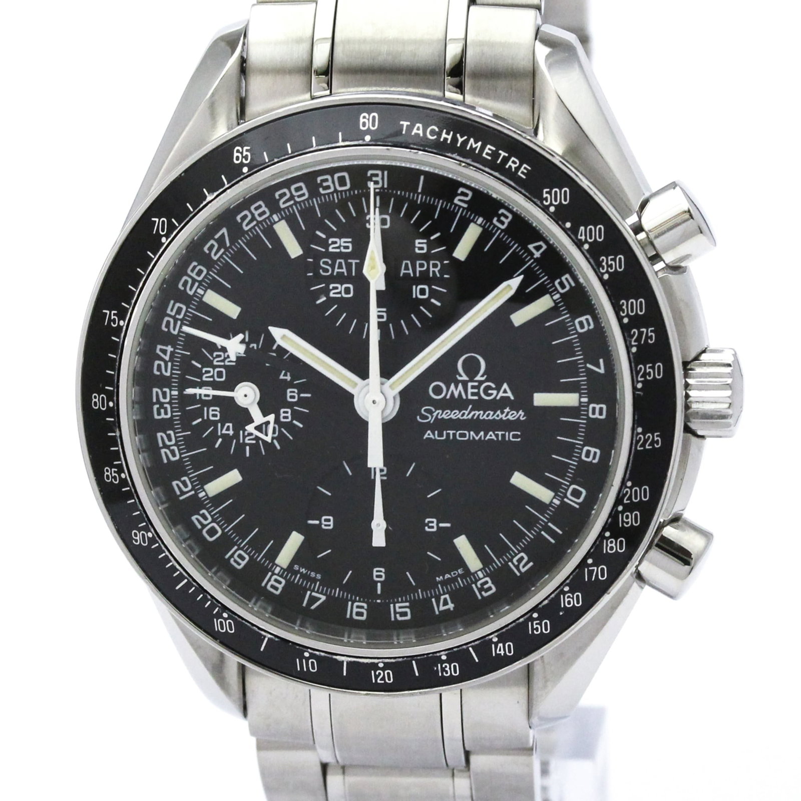 Omega Wristwatch: Omega Wristwatch Stainless steel case and band provide a durable foundation for this Omega wristwatch, featuring a black dial. With its sporty design and sleek 39mm diameter, it's a versatile timepiec