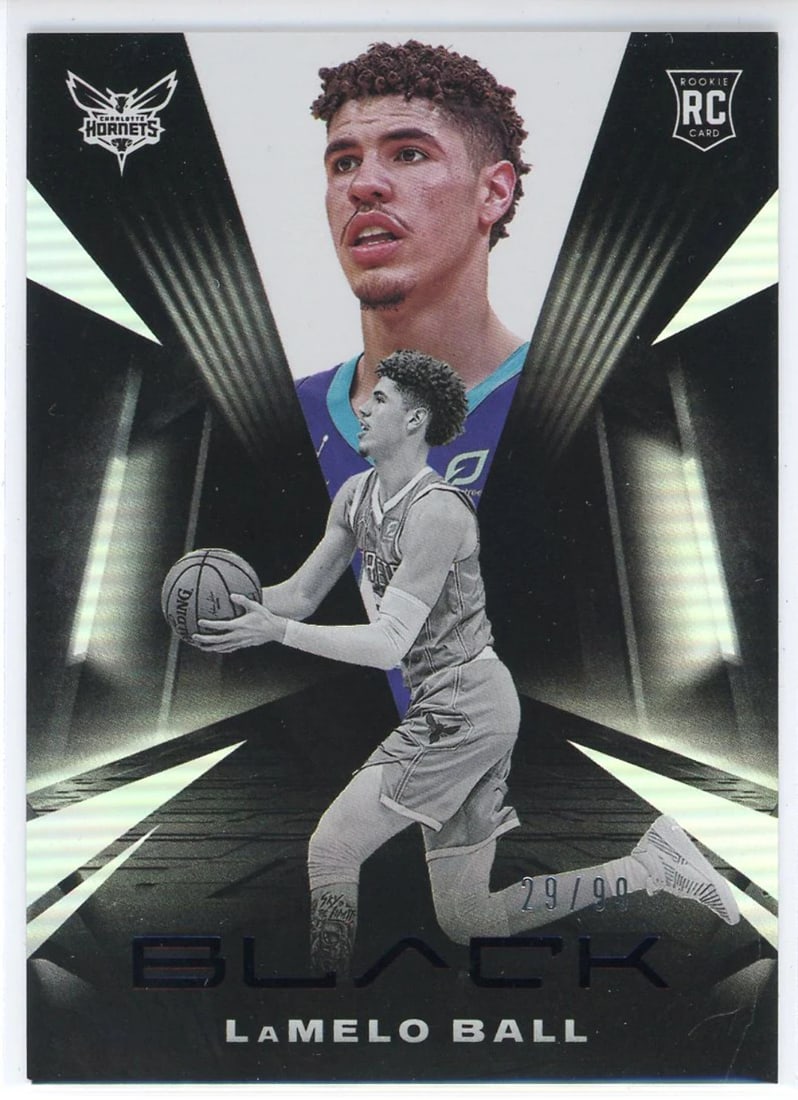 LaMelo Ball 2020-21 Panini Black Rookie Card #78: LaMelo Ball 2020-21 Panini Black Rookie Card #78 29/99 numbered LaMelo Ball 2020-21 Panini Black Rookie Card #78. This card features LaMelo Ball, a rookie from the 2020-21 season, in black and white.