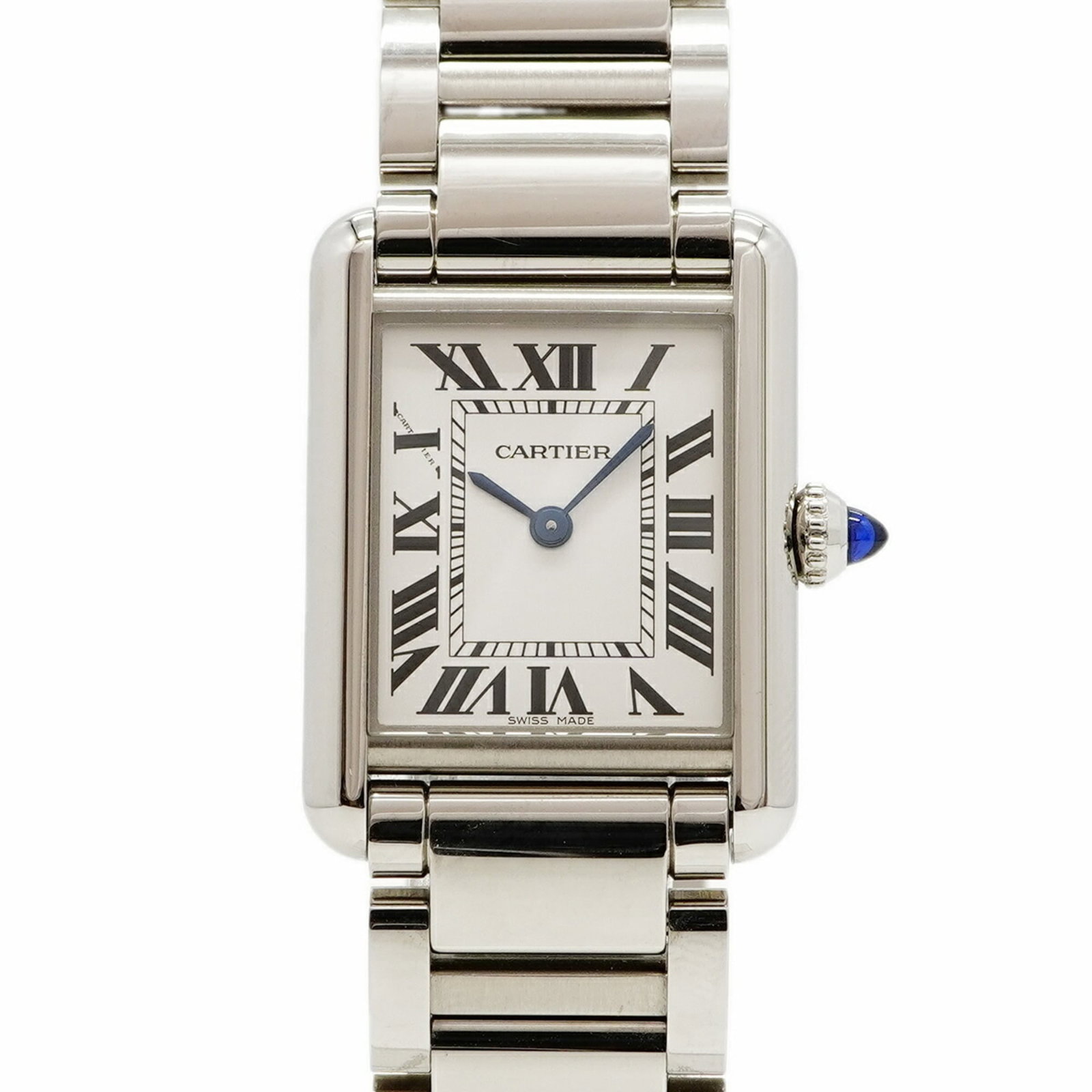 Cartier Wristwatch: Cartier Wristwatch Stainless steel band adds a touch of modern sophistication to this silver Cartier wristwatch, featuring a sleek 22mm case diameter. A few traces of usage are visible, with some