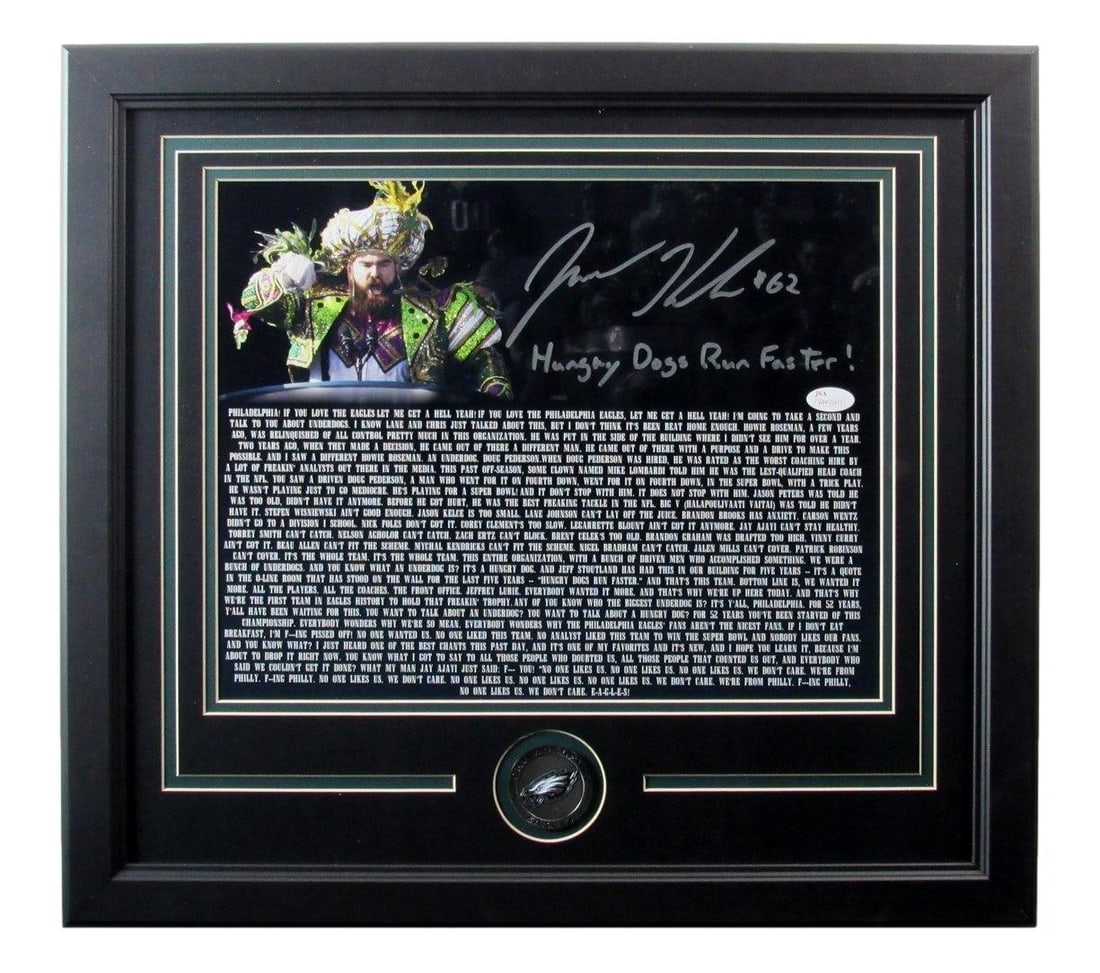 Jason Kelce Signed/ Inscribed 11x14 Photo Philadelphia Eagles Framed JSA 187199: Jason Kelce Signed/ Inscribed 11x14 Photo Philadelphia Eagles Framed JSA 187199 Jason Kelce's signature on this 11x14 photo of Philadelphia Eagles football player Chuck Noll bears witness to the legen