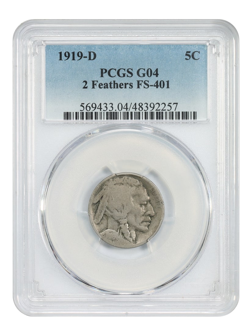 1919-D 5C PCGS Good 04 (2 Feathers, FS-401) - Buffalo Nickel: 1919-D 5C PCGS Good 04 (2 Feathers, FS-401) - Buffalo Nickel The 1919-D Buffalo Nickel, certified by PCGS as Good 04 (2 Feathers, FS-401), showcases its unique characteristics. With a circulated condi